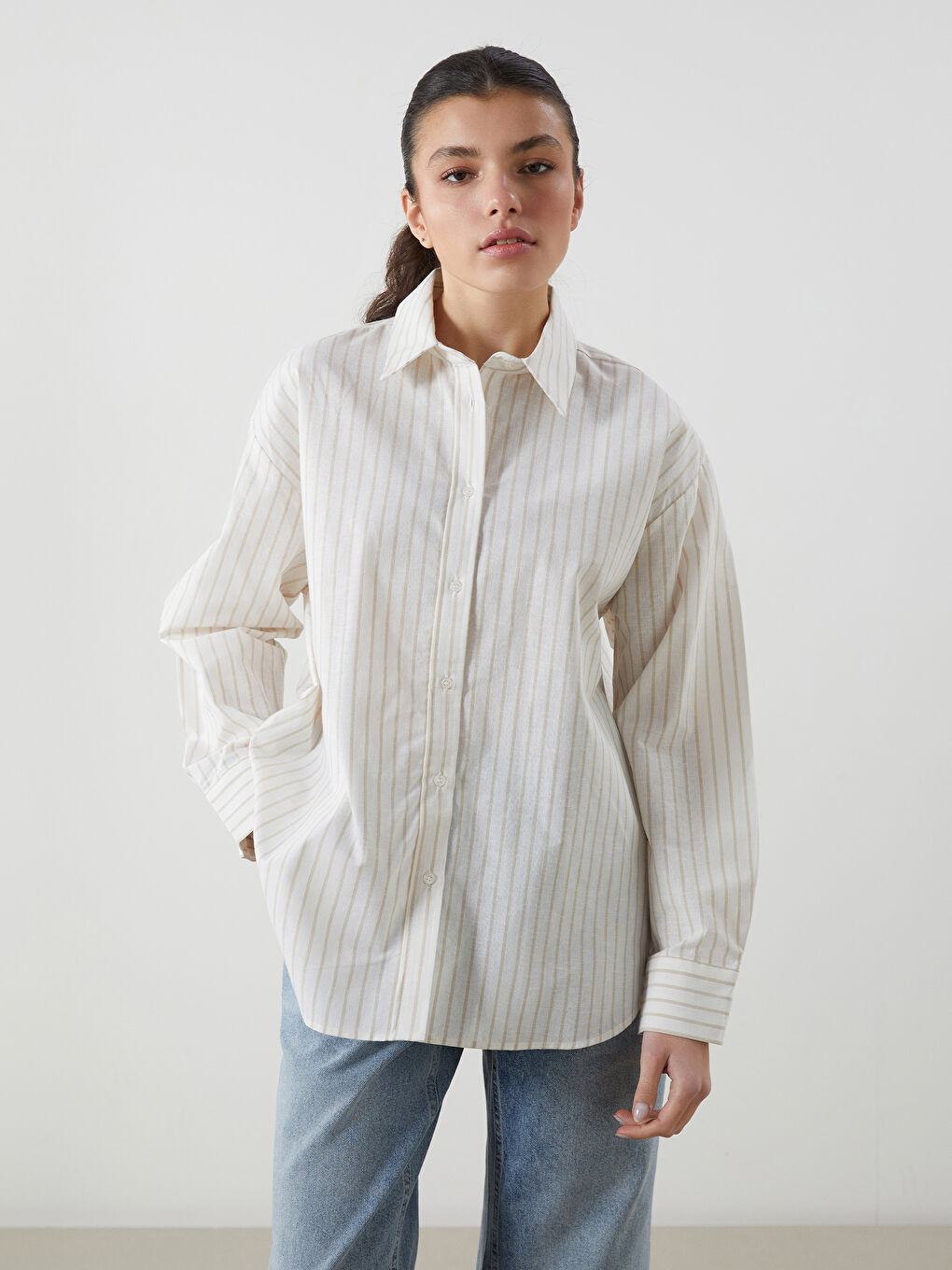 LCW Vision Striped Oversize Linen Blend Women's Shirt -S5LA26Z8-LE8