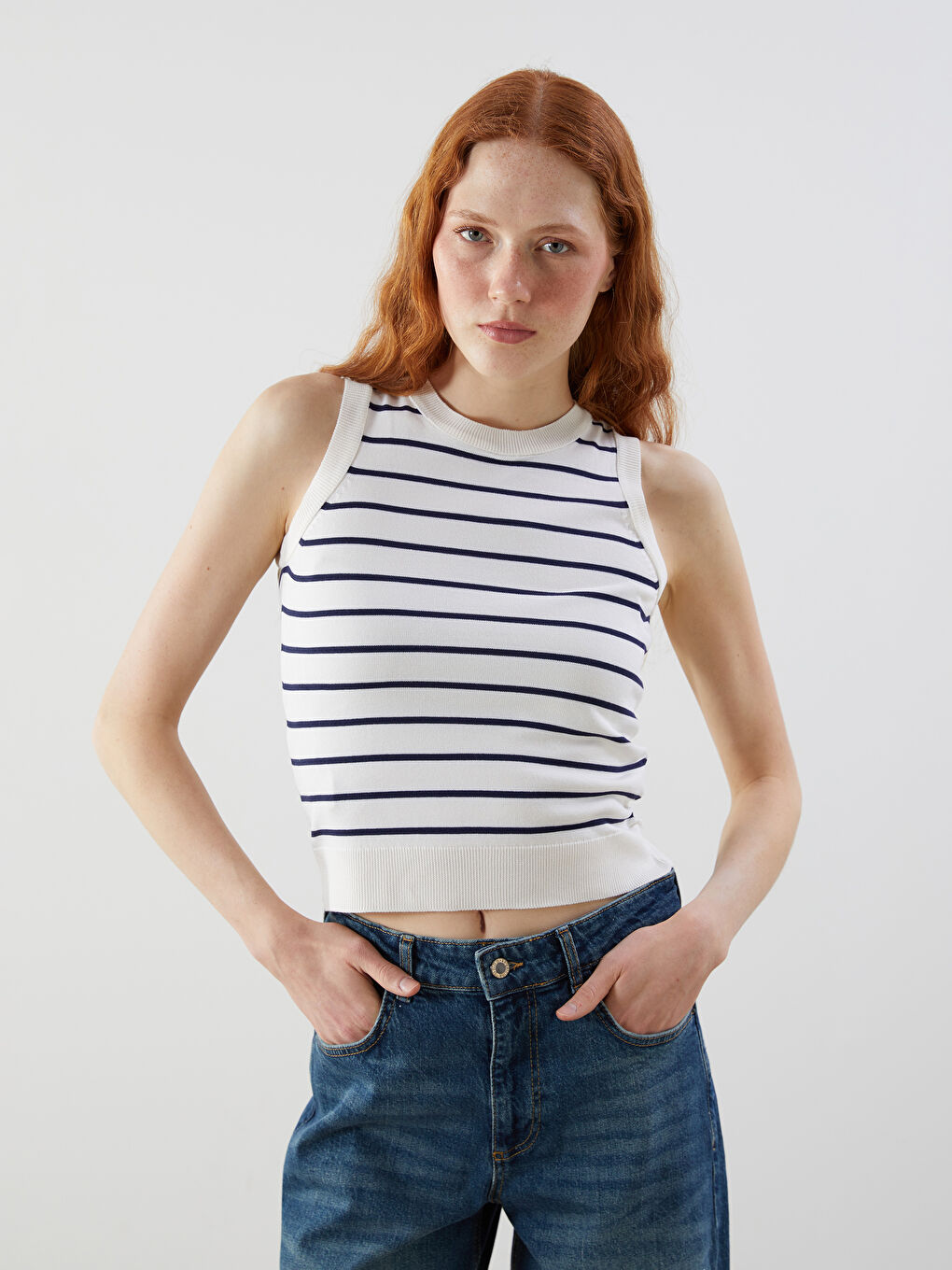 Crew Neck Striped Women's Knitwear Sweater -S5LB21Z8-LGS