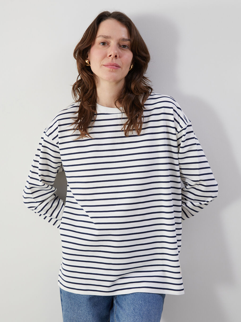 LCW Comfort Lacivert Bisiklet Yaka Çizgili Kadın Sweatshirt