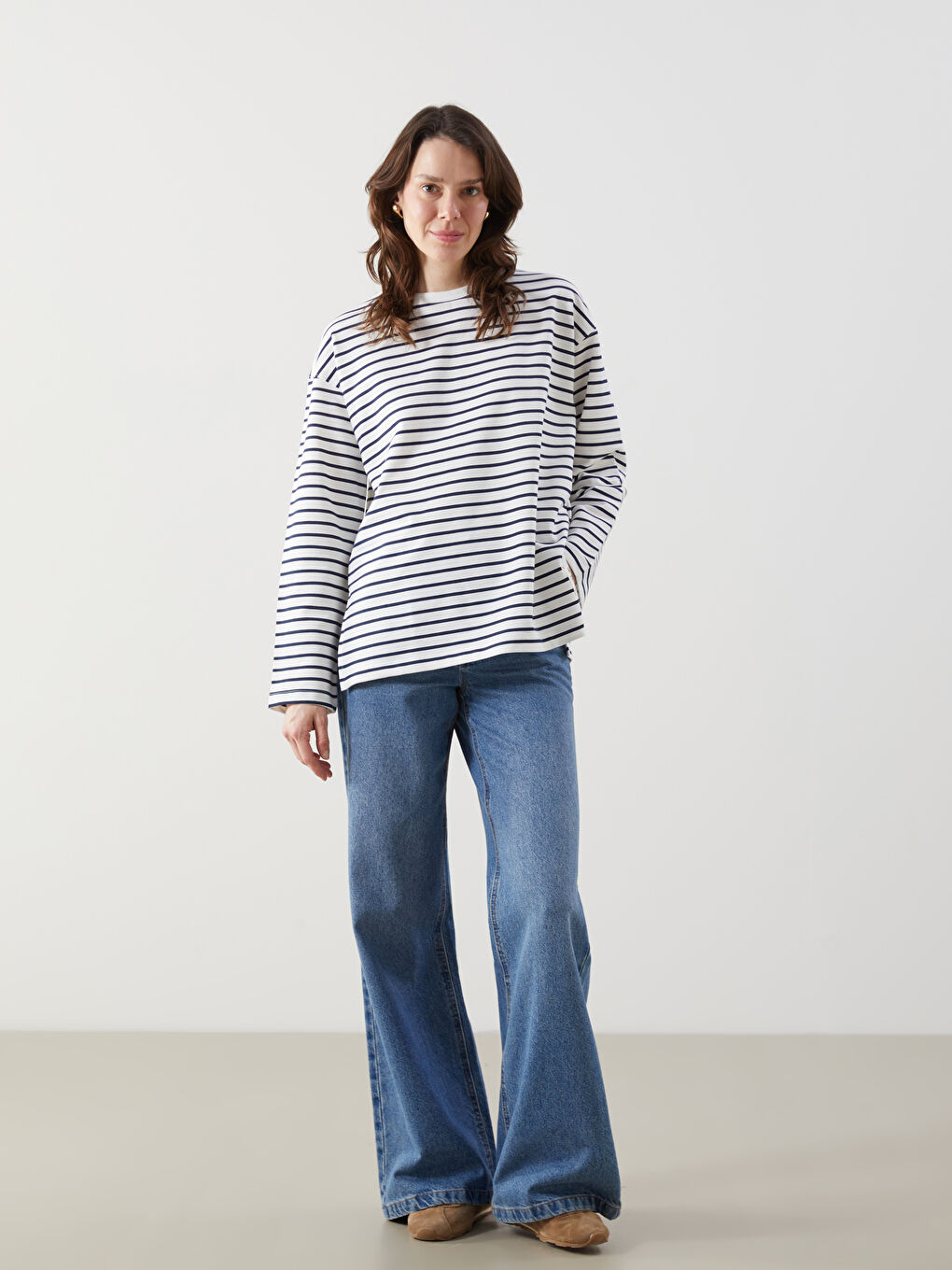 LCW Comfort Lacivert Bisiklet Yaka Çizgili Kadın Sweatshirt - 1