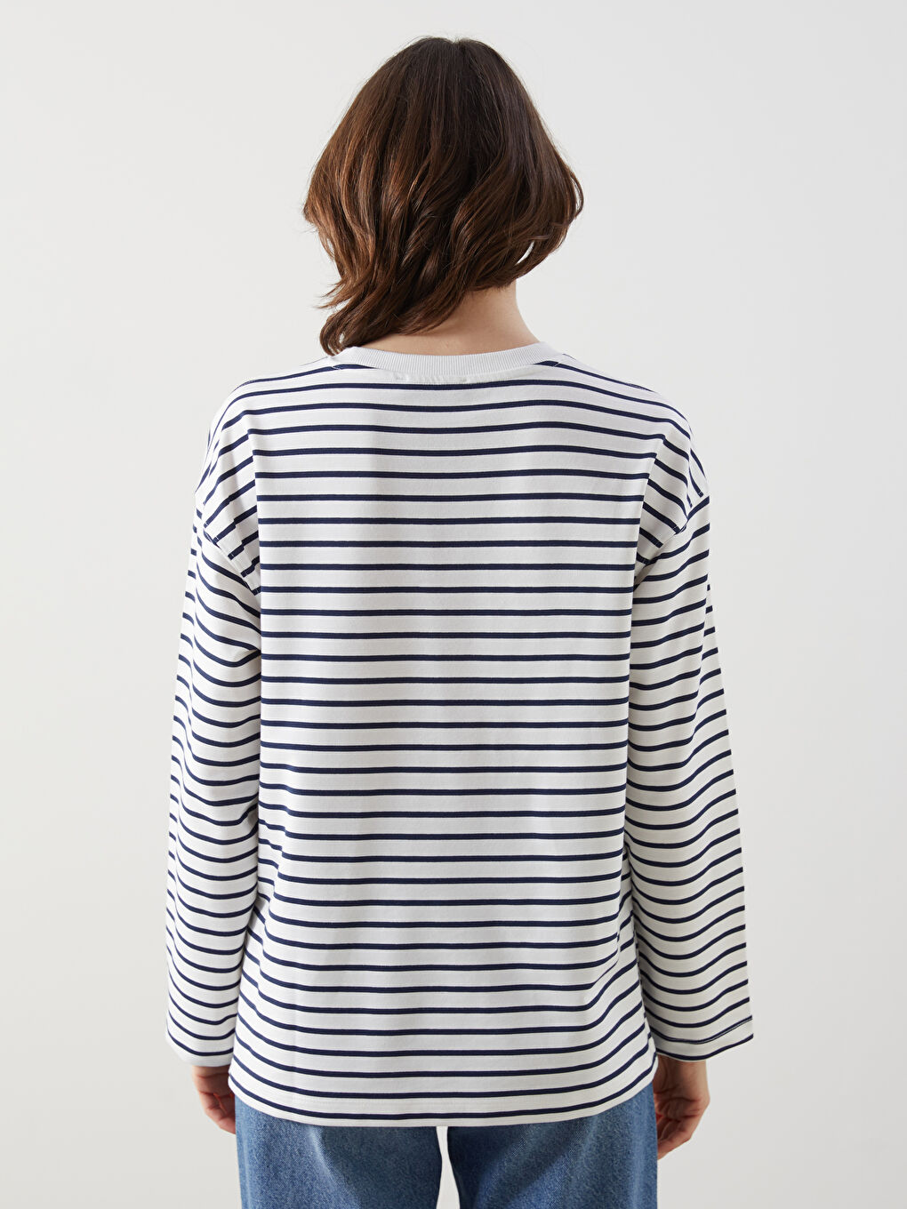 LCW Comfort Lacivert Bisiklet Yaka Çizgili Kadın Sweatshirt - 3