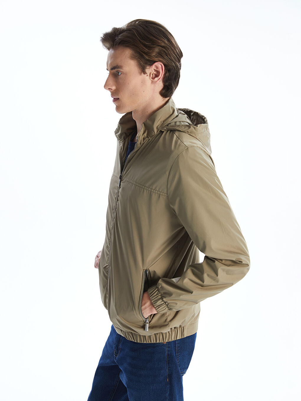 Bej Standart Kalıp Kapüşonlu Erkek Mont