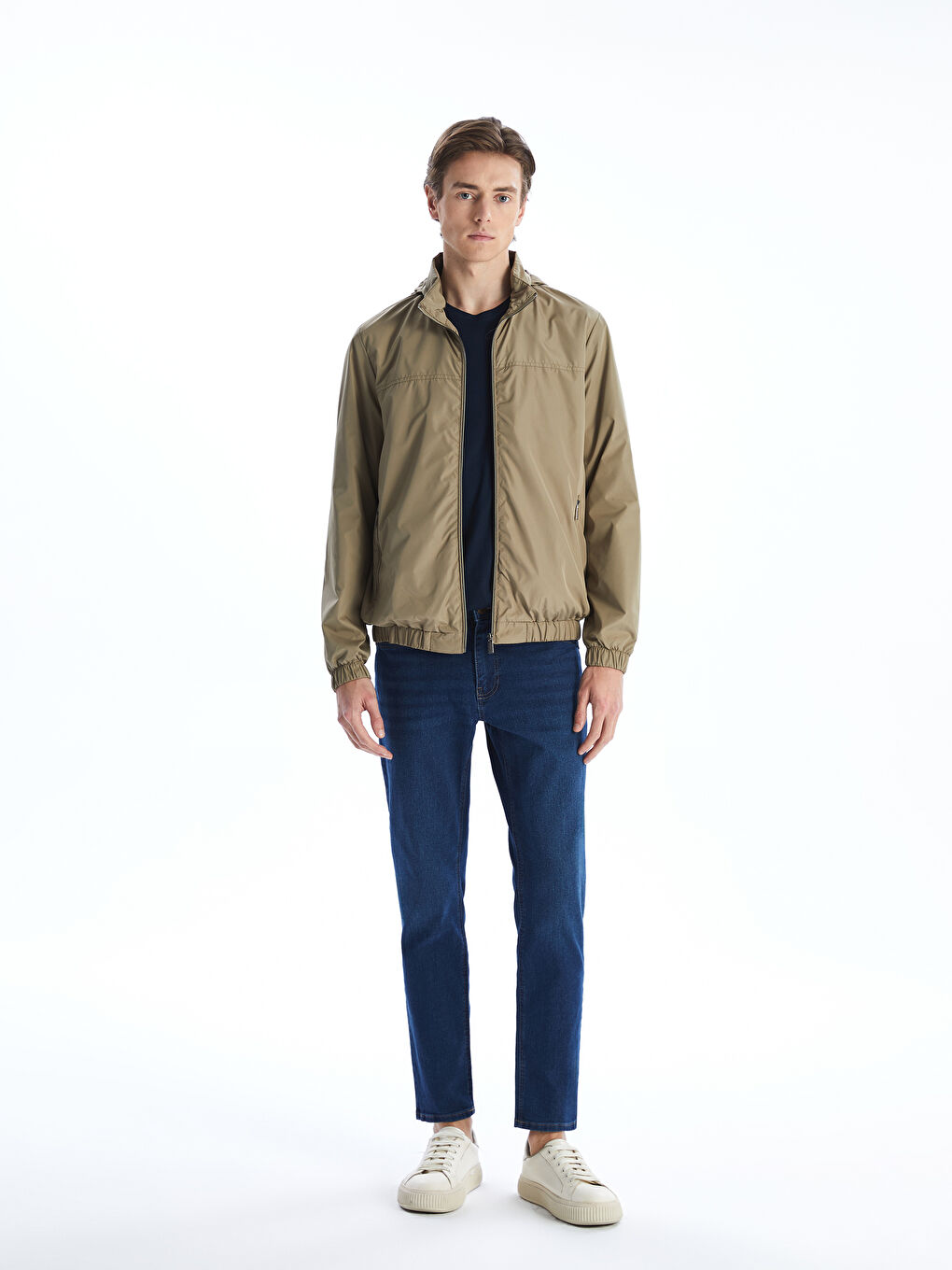 Bej Standart Kalıp Kapüşonlu Erkek Mont-1