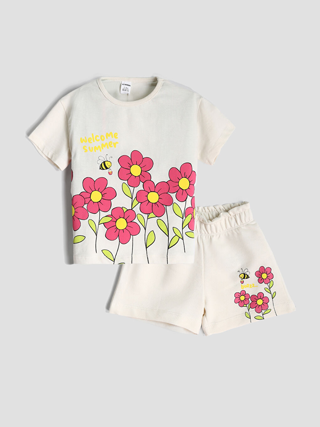 Crew Neck Printed Girls' T-Shirt and Shorts 2-Piece Set