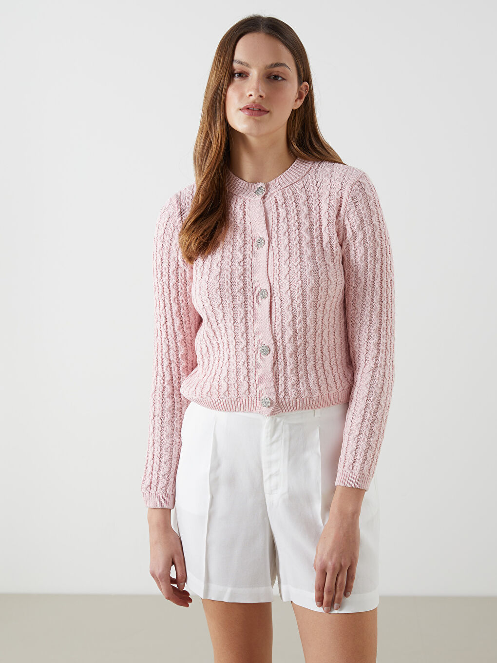 Crew Neck Self-Patterned Crop Women'S Knitted Cardigan -S5LE14Z8-GAT