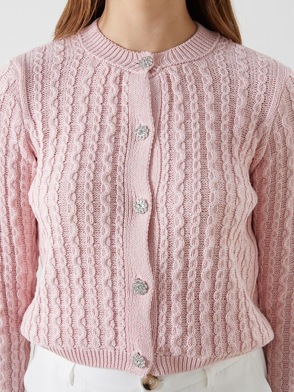 Crew Neck Self-Patterned Crop Women'S Knitted Cardigan -S5LE14Z8-GAT