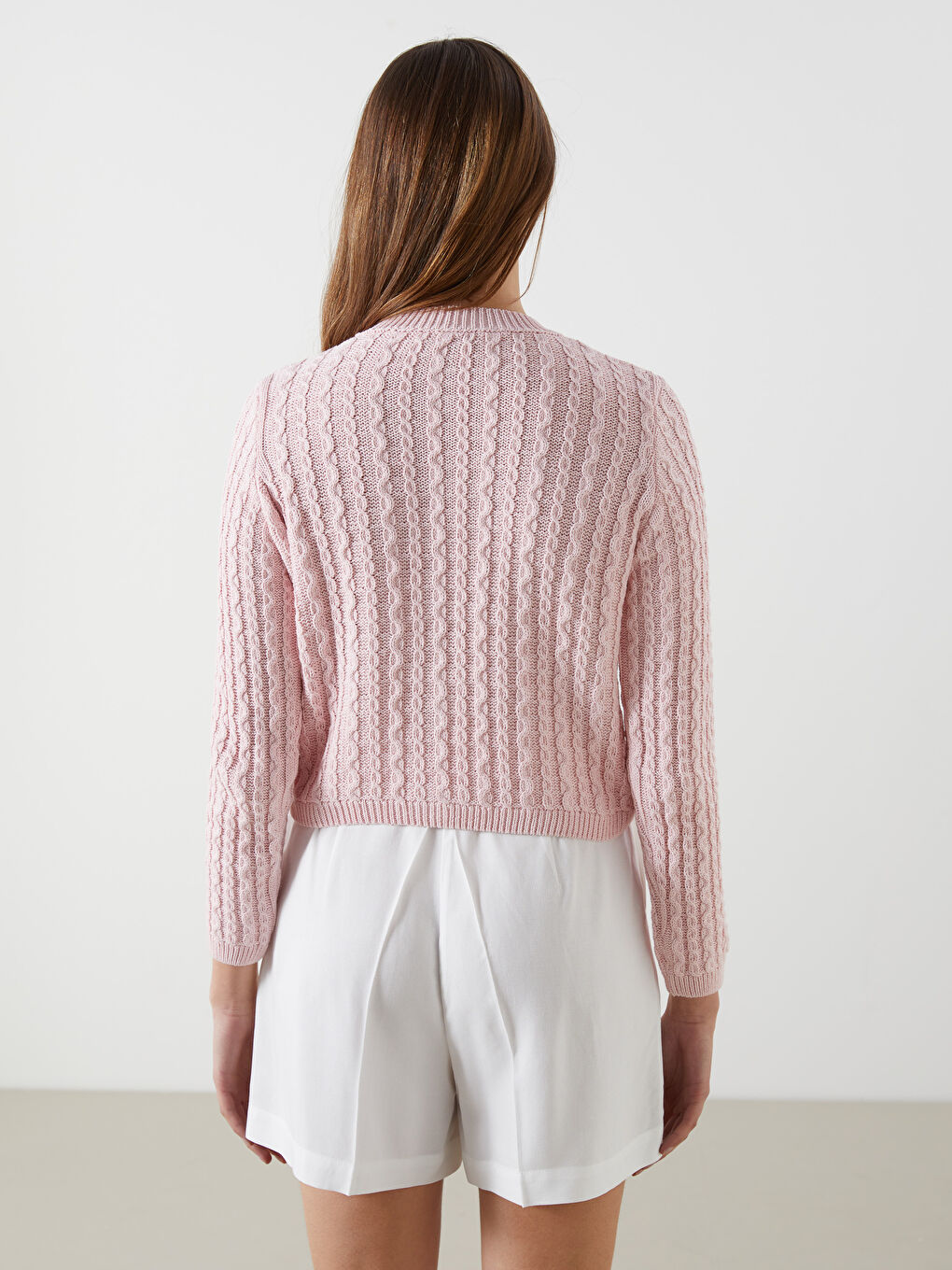Crew Neck Self-Patterned Crop Women'S Knitted Cardigan -S5LE14Z8-GAT