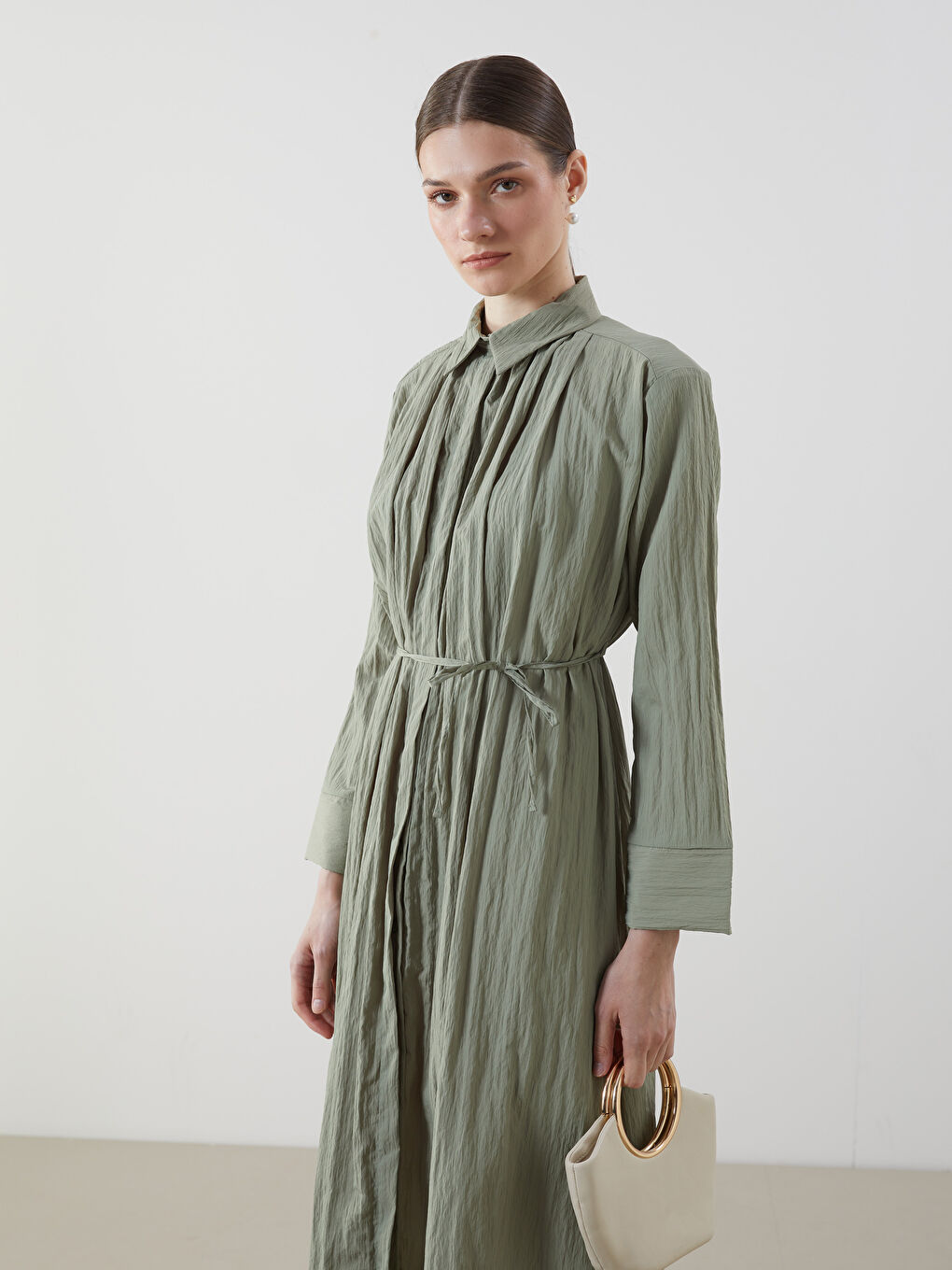 LCW Modest Yeşil Oversize Dokulu Kadın Gömlek Elbise - 1