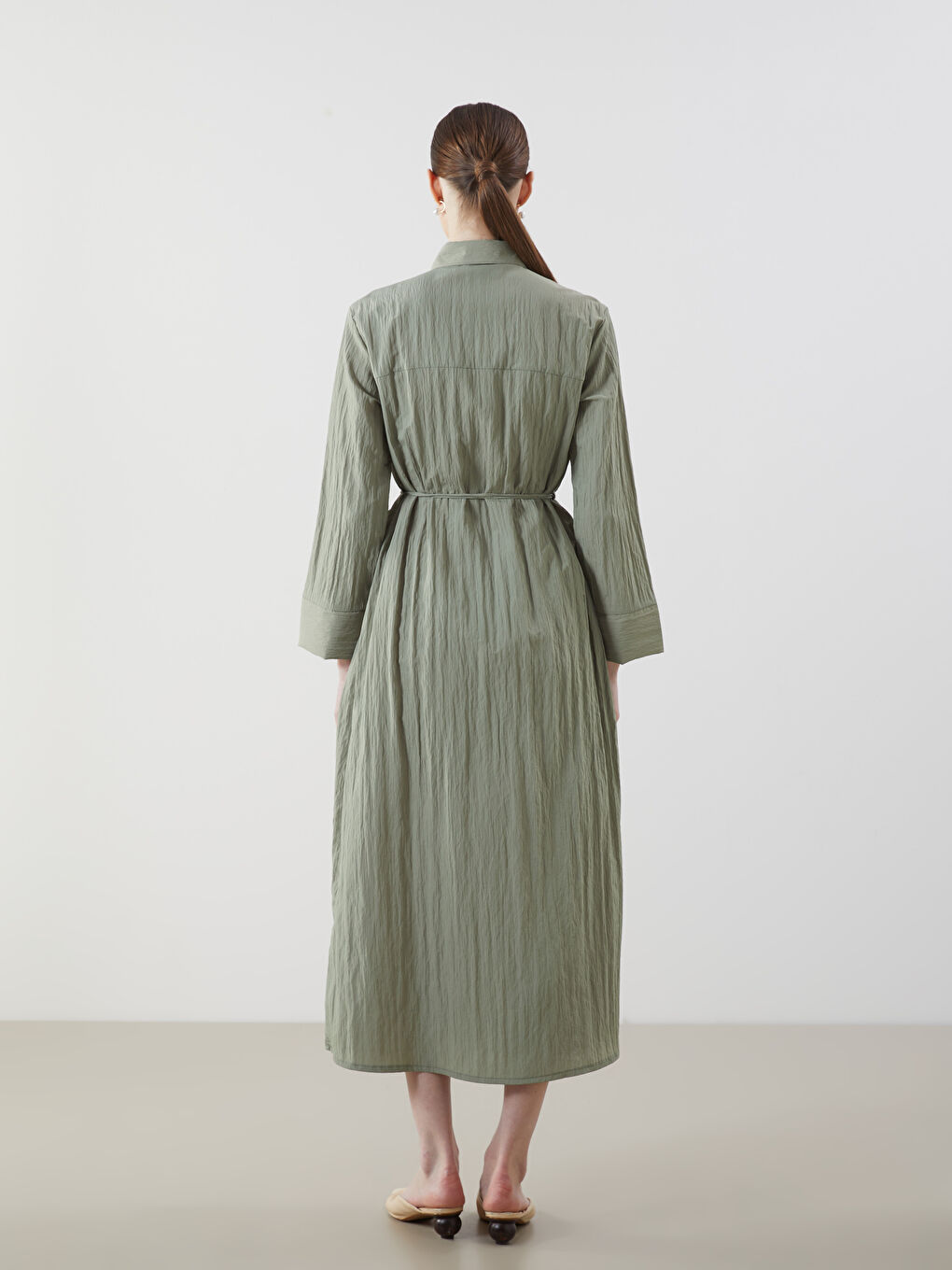 LCW Modest Yeşil Oversize Dokulu Kadın Gömlek Elbise - 3