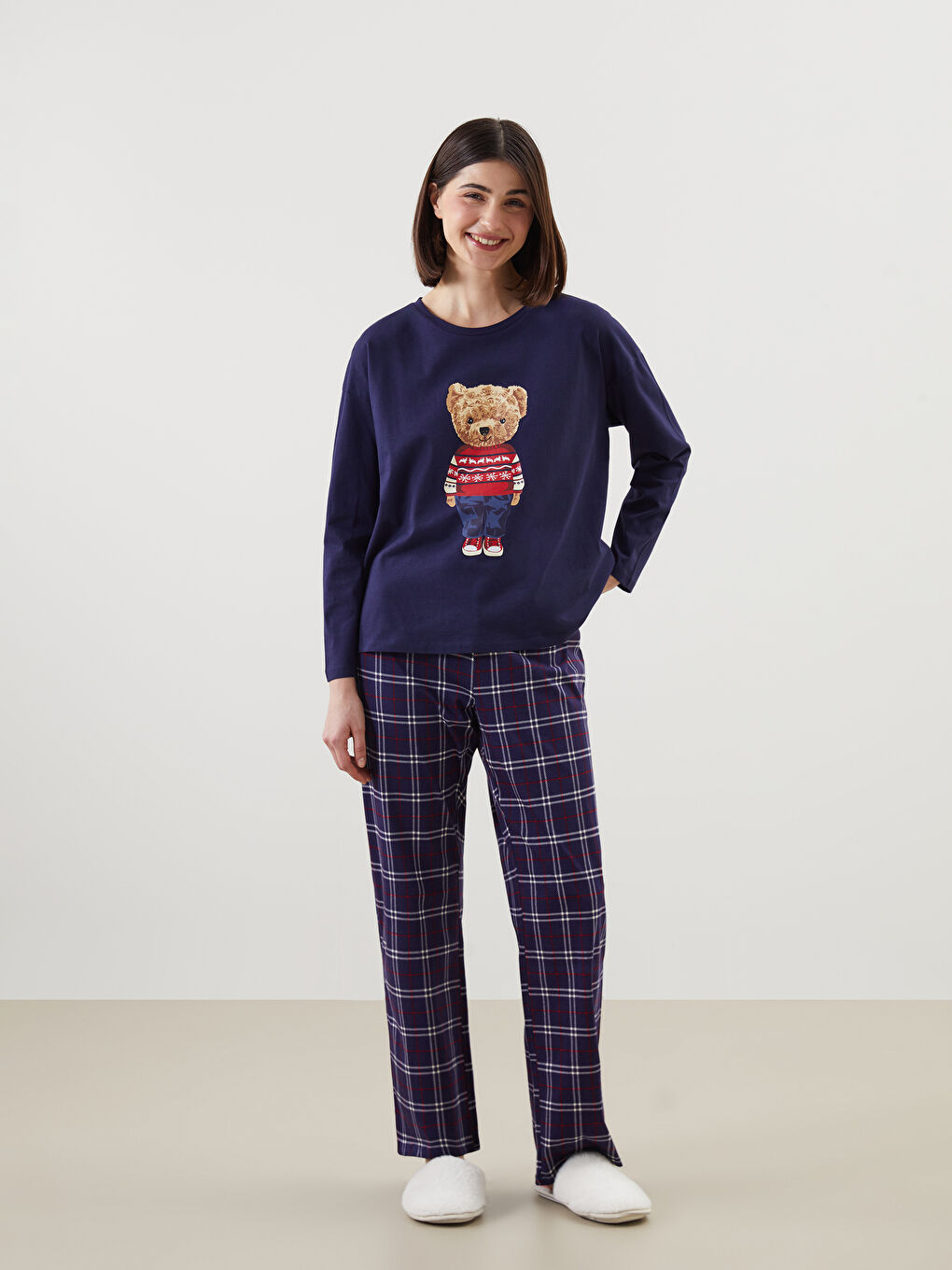 Lacivert Bisiklet Yaka Teddy Baskılı Kadın Pijama Üst-1