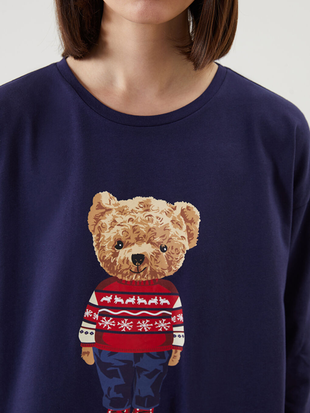 Lacivert Bisiklet Yaka Teddy Baskılı Kadın Pijama Üst-2