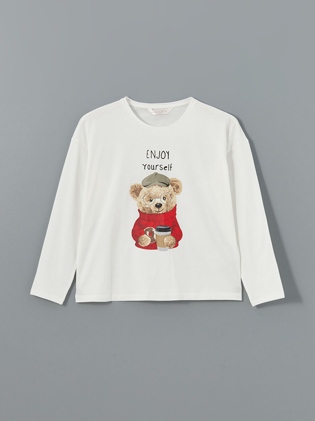Ekru Bisiklet Yaka Ayı Teddy Baskılı Kadın Pijama Üstü