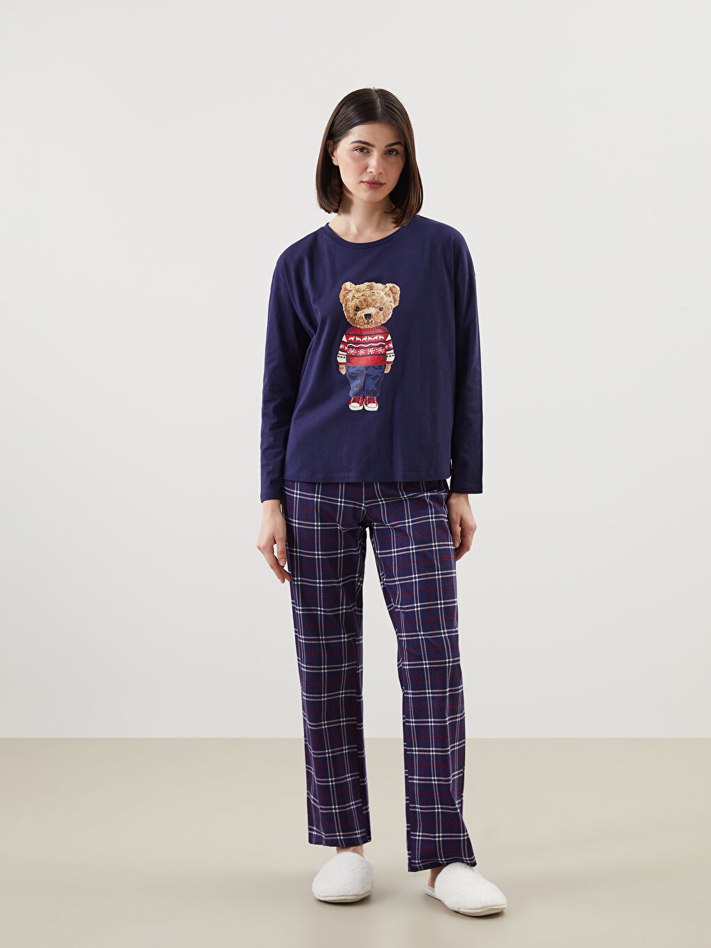 Crew Neck Teddy Printed Women's Pyjama Set -S5LF19Z8-LSJ