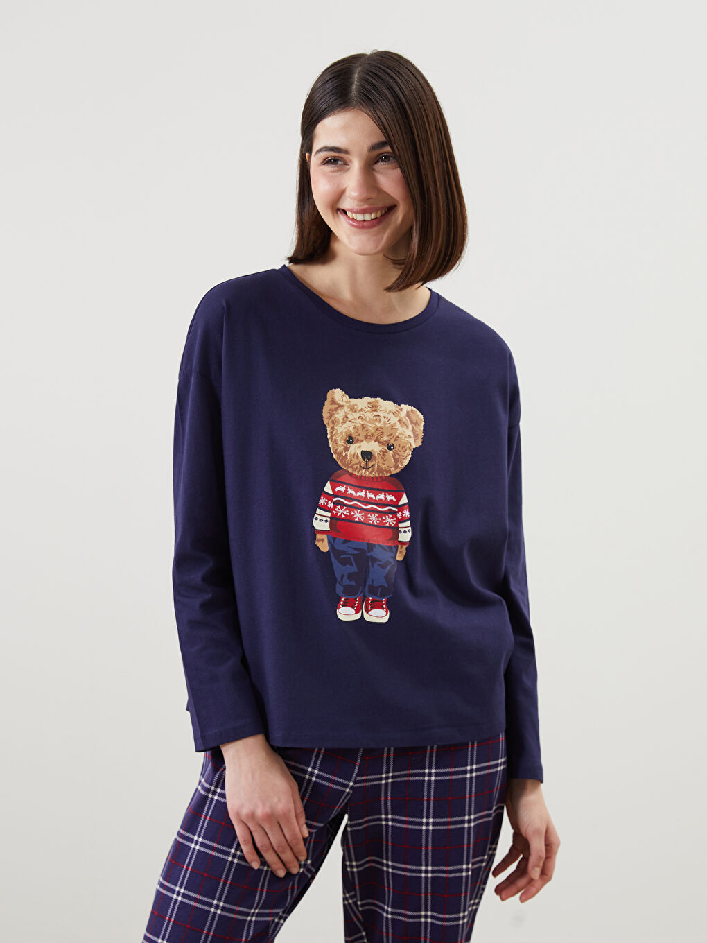 Crew Neck Teddy Printed Women's Pyjama Set -S5LF19Z8-LSJ