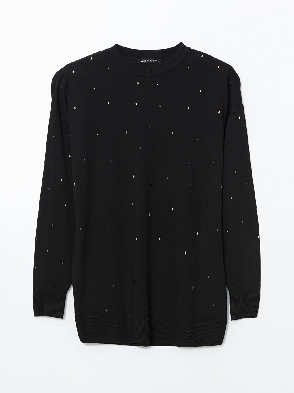 Siyah Bisiklet Yaka Taşlı Kadın Triko Tunik