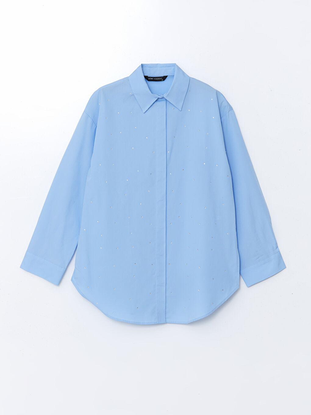 LCW Modest Mavi Parlak Taşlı Poplin Kadın Gömlek Tunik - 5