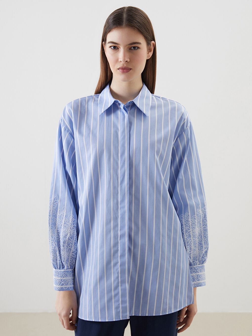 LCW Modest Mavi Çizgili Poplin Kadın Gömlek Tunik
