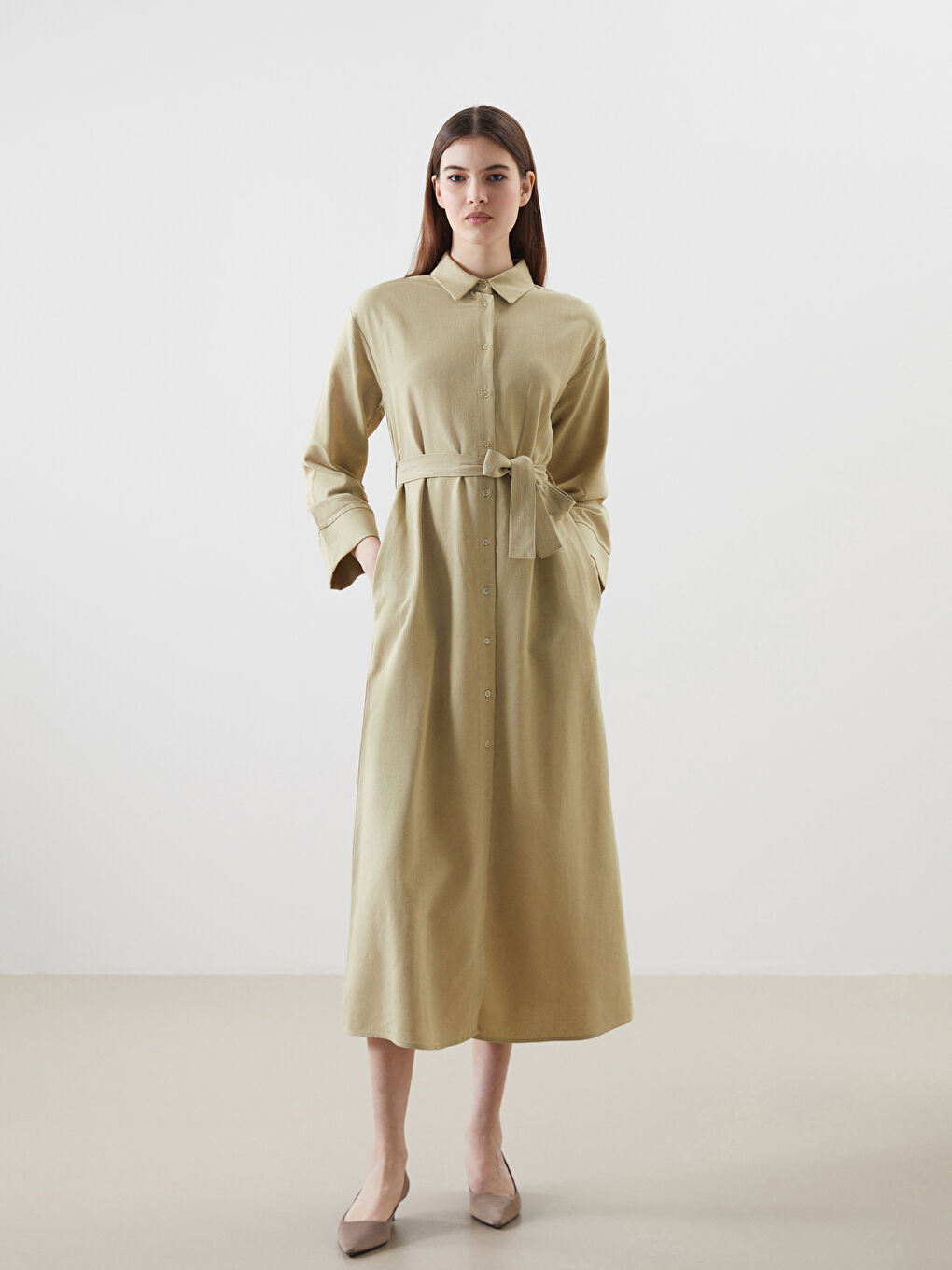 Yeşil Keten Karışımlı Kadın Gömlek Elbise-1
