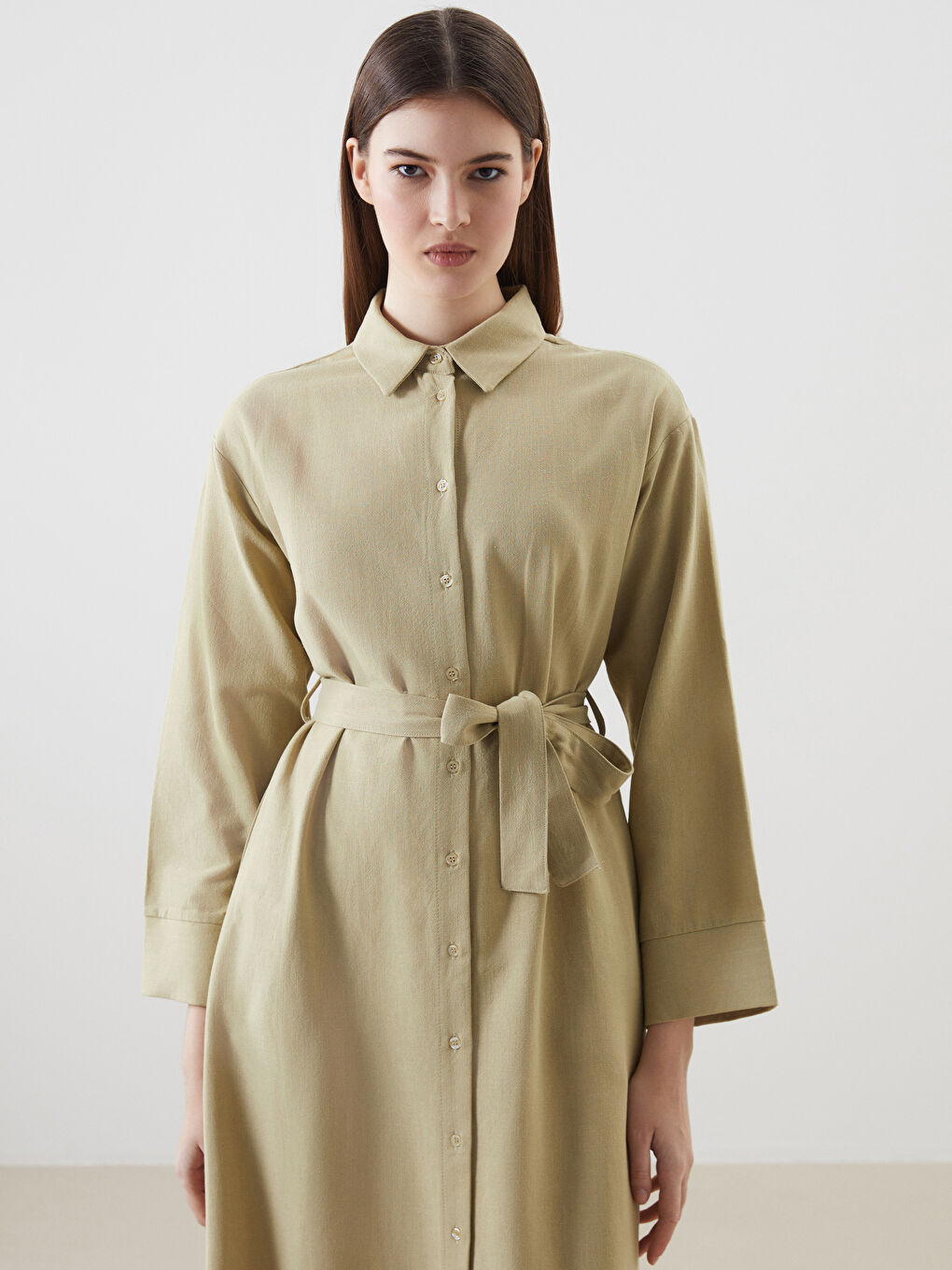 Yeşil Keten Karışımlı Kadın Gömlek Elbise-2