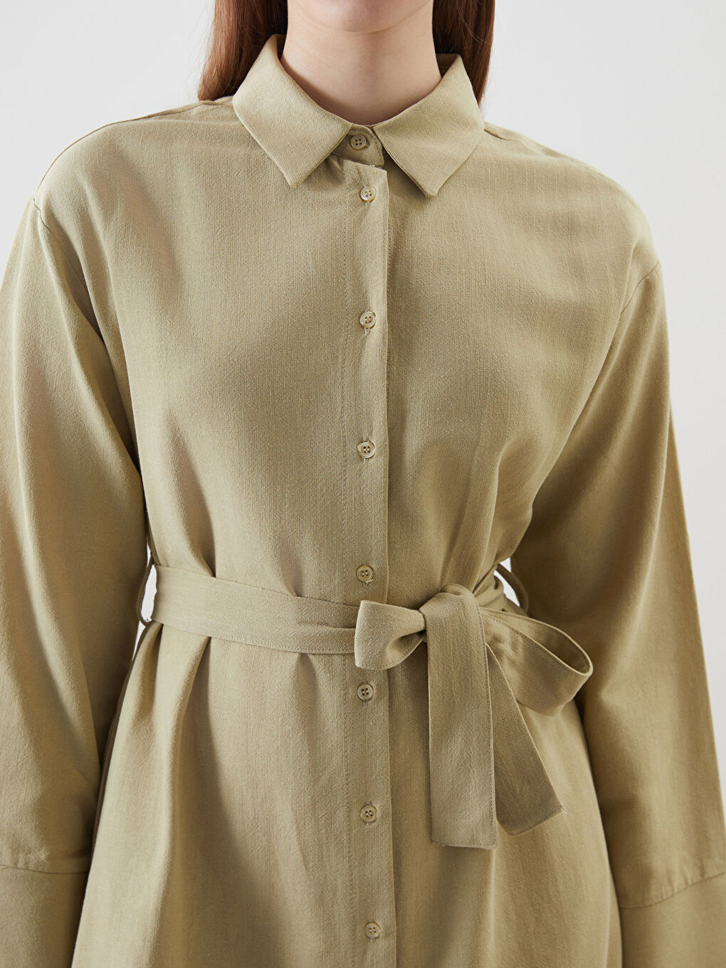 Yeşil Keten Karışımlı Kadın Gömlek Elbise-3