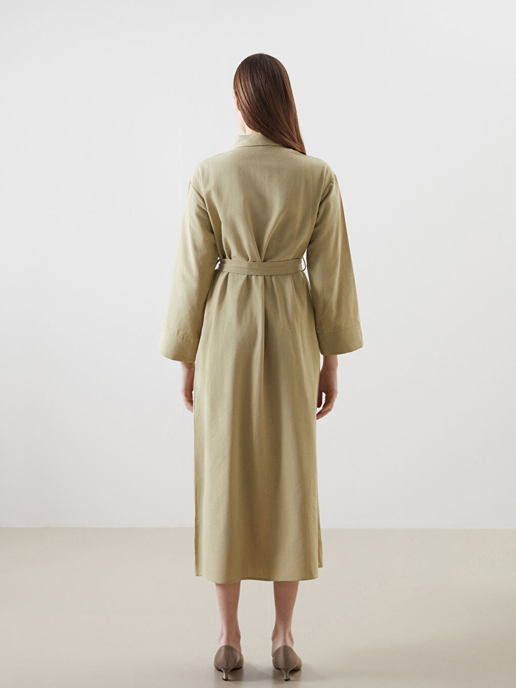 Yeşil Keten Karışımlı Kadın Gömlek Elbise-4