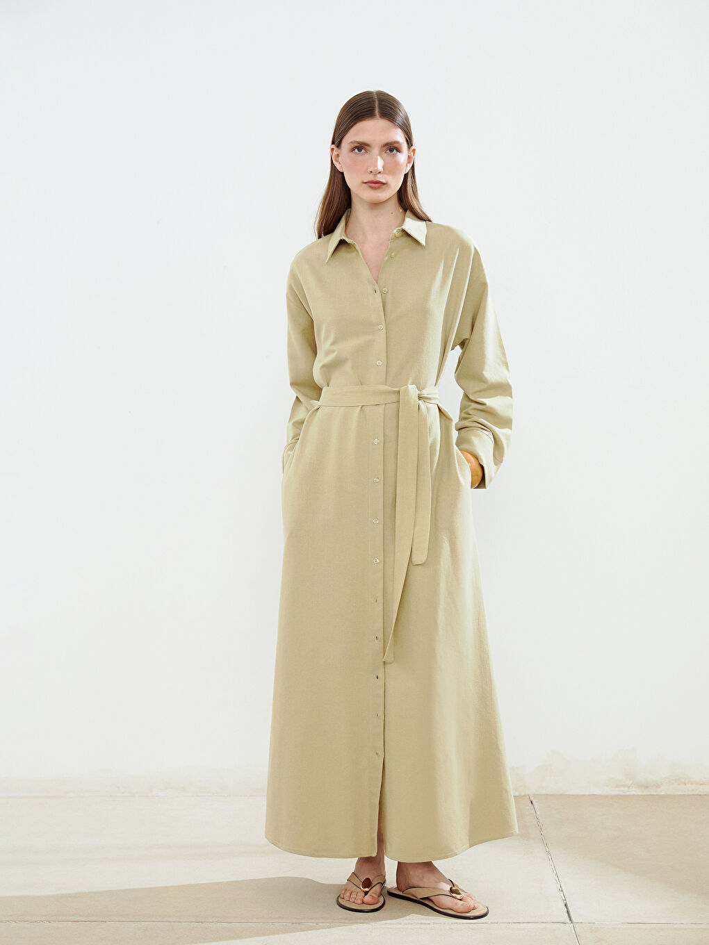 Yeşil Keten Karışımlı Kadın Gömlek Elbise
