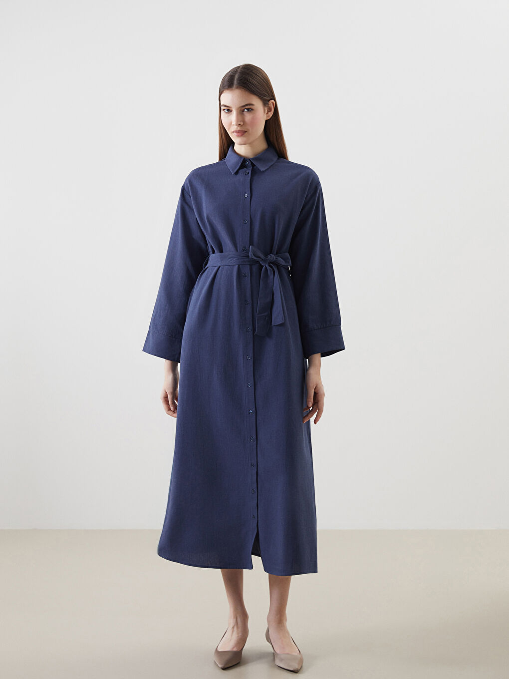Lacivert Keten Karışımlı Kadın Gömlek Elbise-1