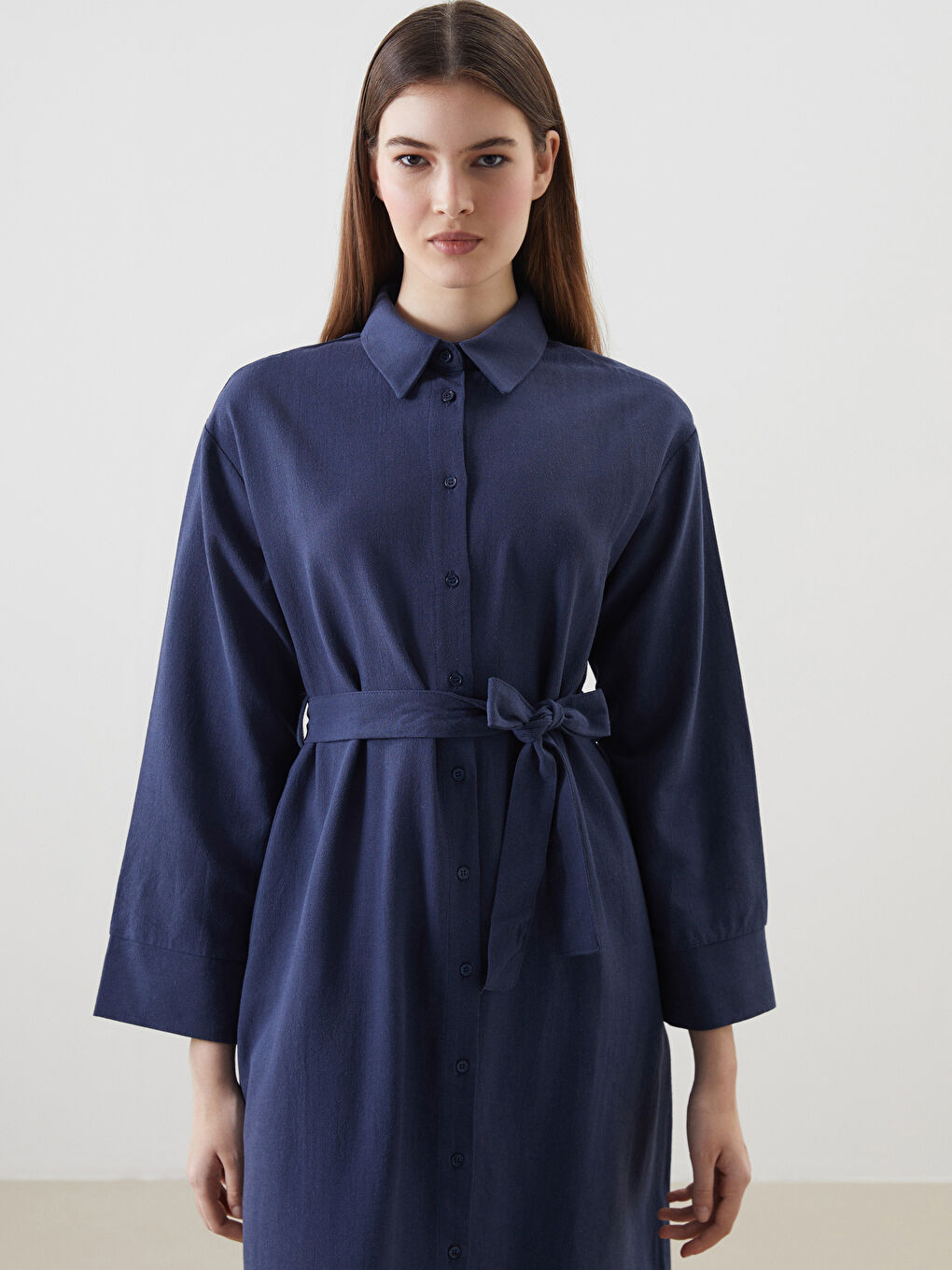 Lacivert Keten Karışımlı Kadın Gömlek Elbise-2