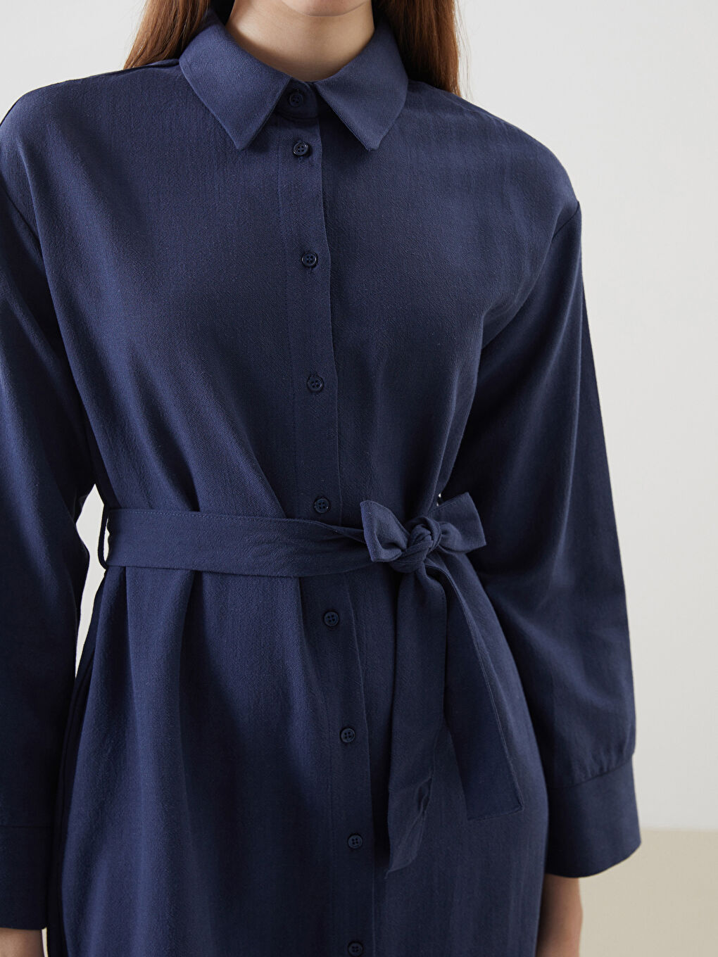Lacivert Keten Karışımlı Kadın Gömlek Elbise-3