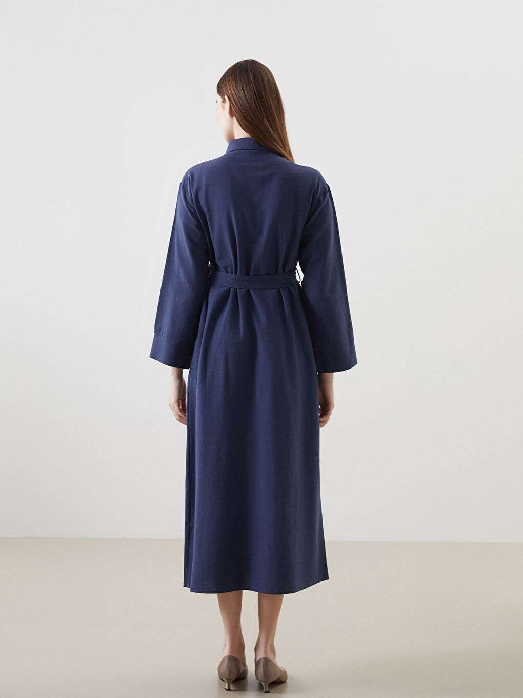 Lacivert Keten Karışımlı Kadın Gömlek Elbise-4