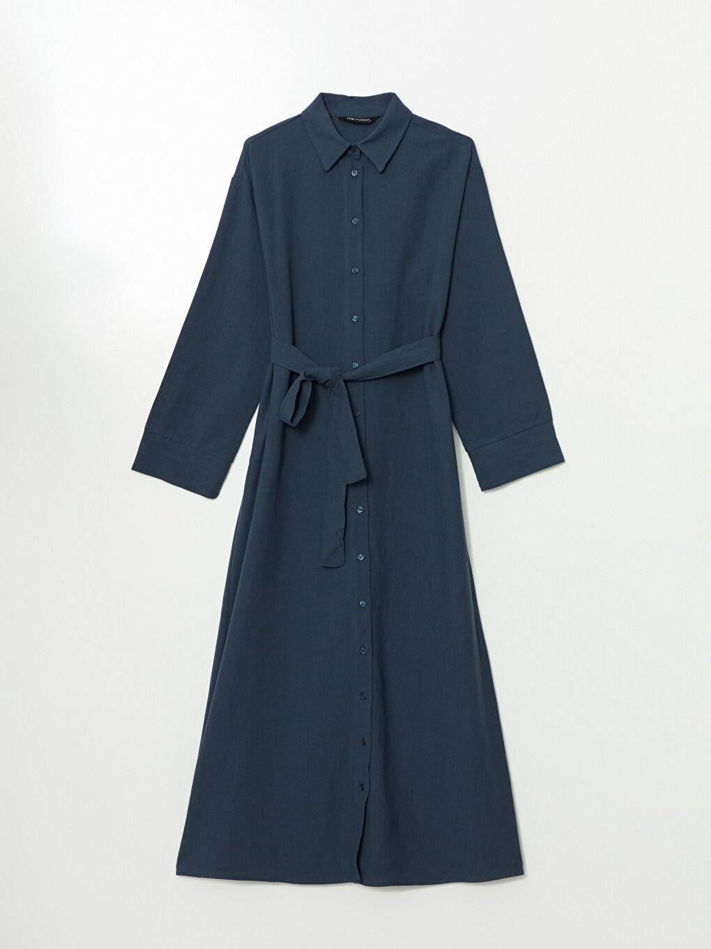 Lacivert Keten Karışımlı Kadın Gömlek Elbise-5