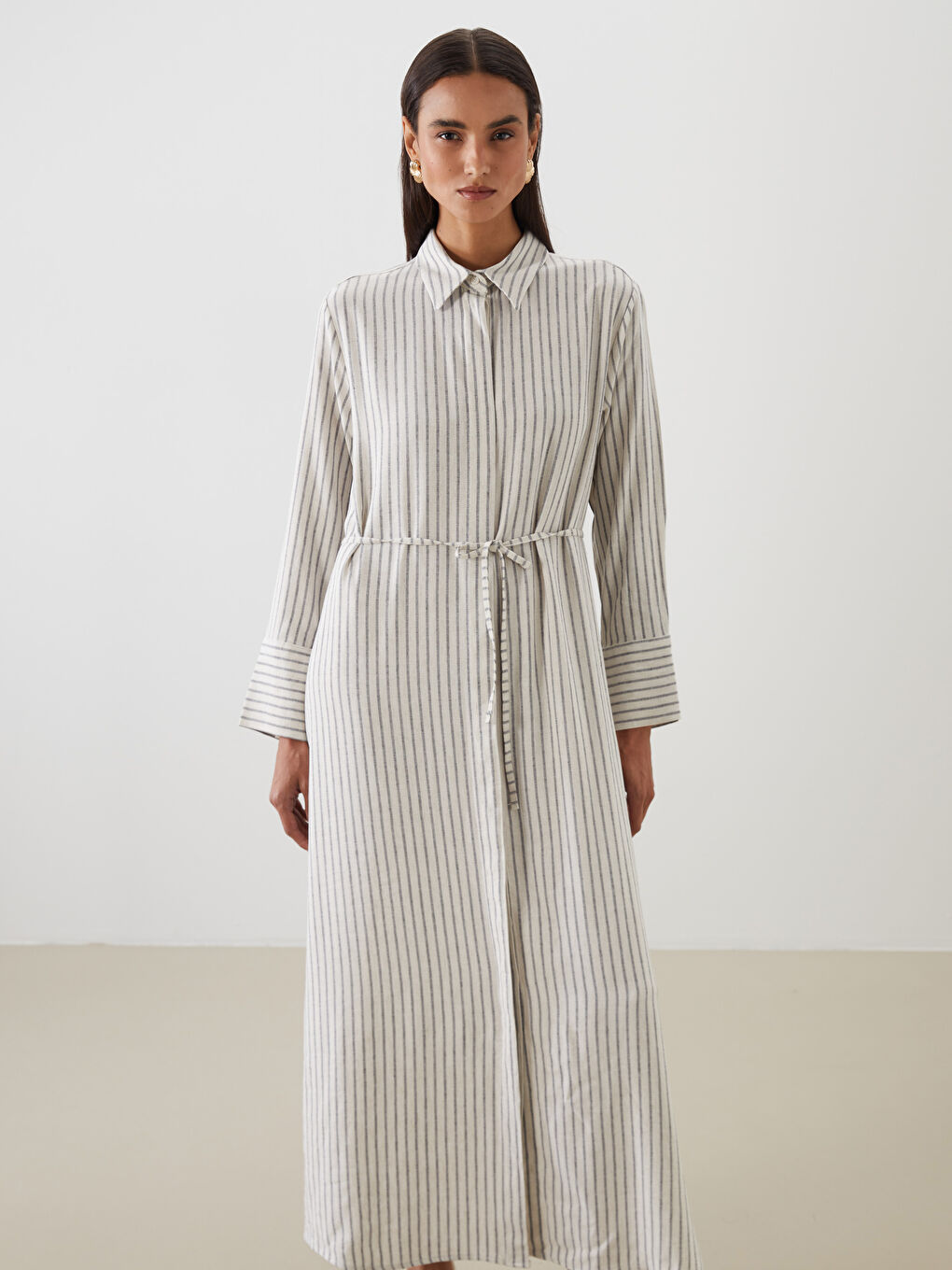 Bej Çizgili Keten Karışımlı Gömlek Elbise-1