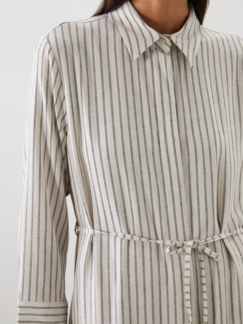 Bej Çizgili Keten Karışımlı Gömlek Elbise-2