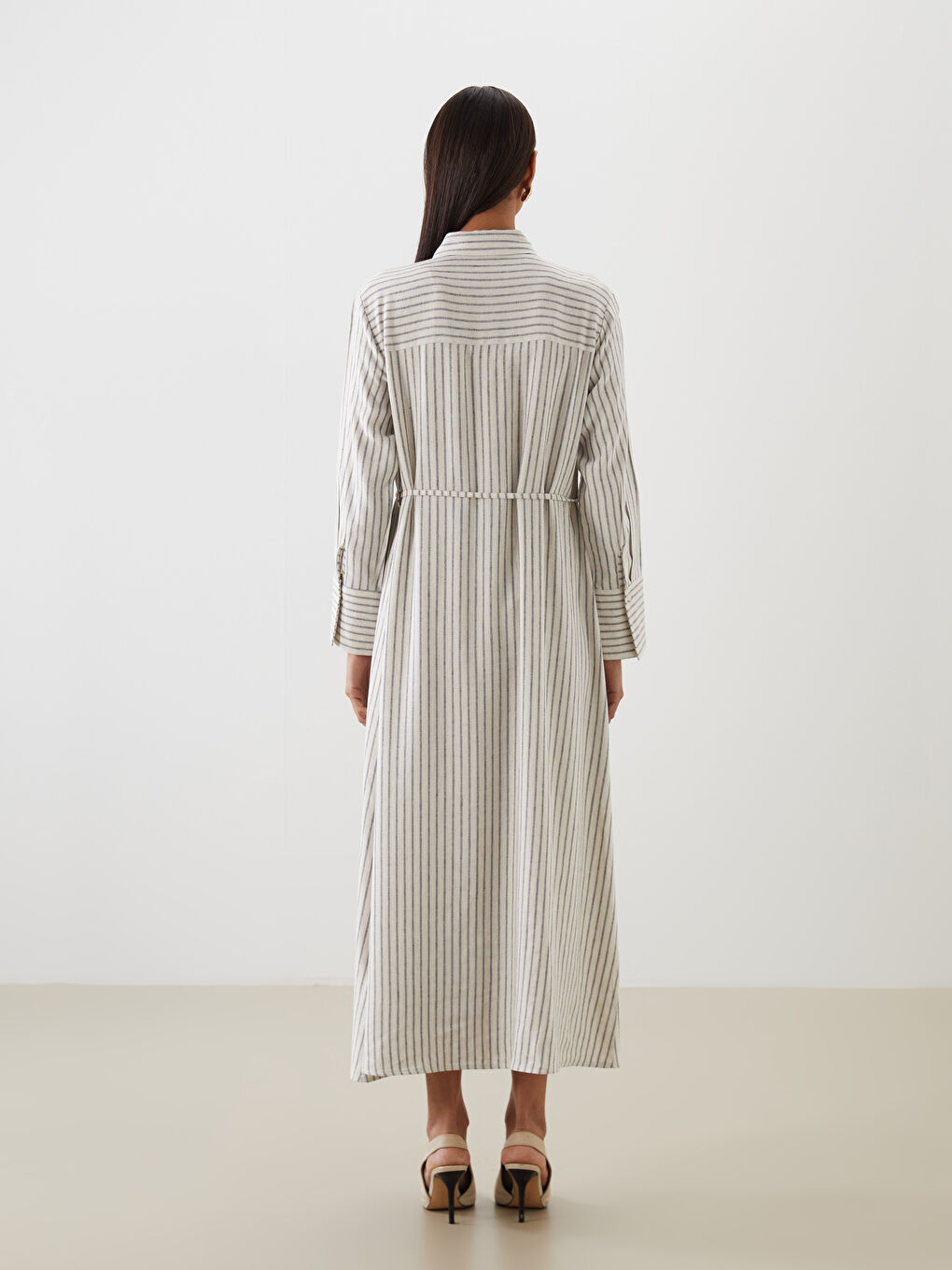 Bej Çizgili Keten Karışımlı Gömlek Elbise-3