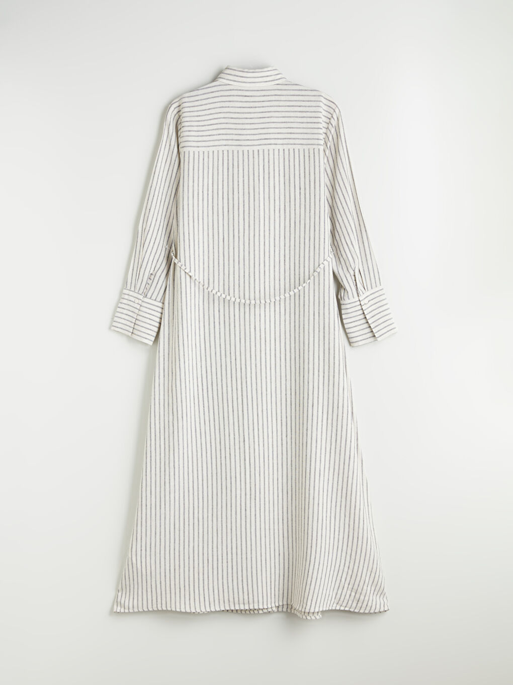 Bej Çizgili Keten Karışımlı Gömlek Elbise-5