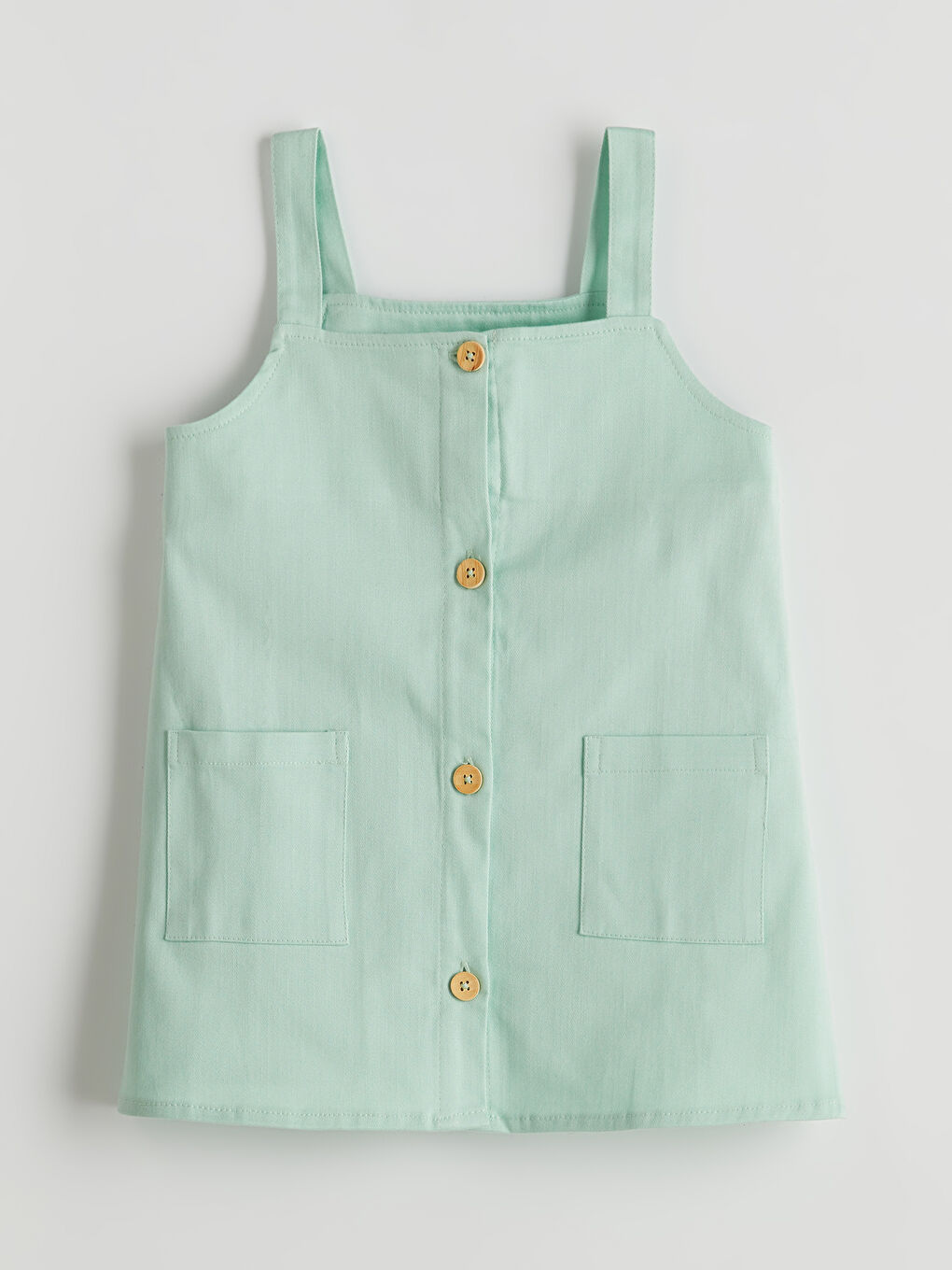 Yeşil Kare Yaka Gabardin Kız Çocuk Elbise