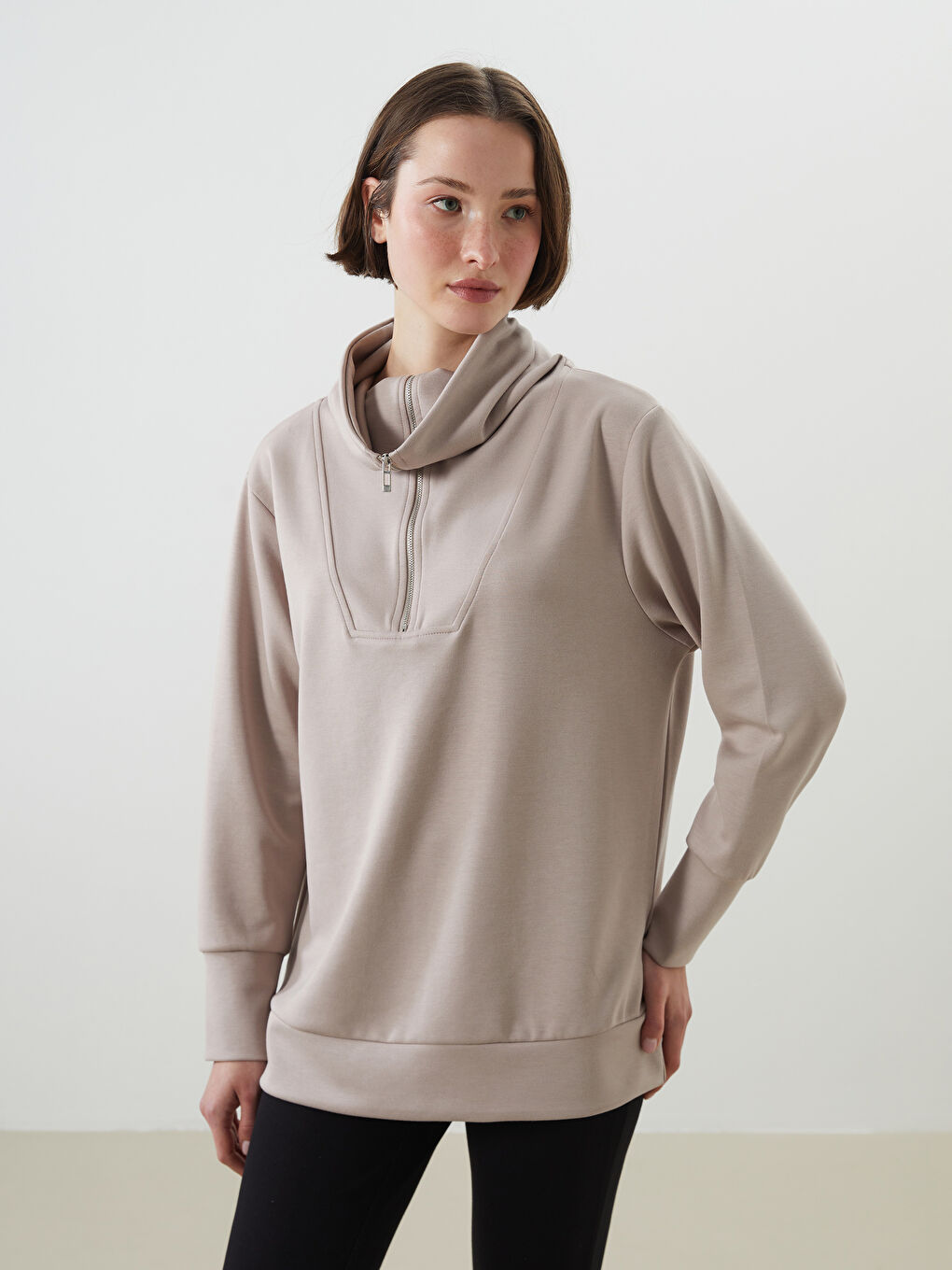 Gri Dik Yaka Oversize Kadın Sweatshirt Tunik-1