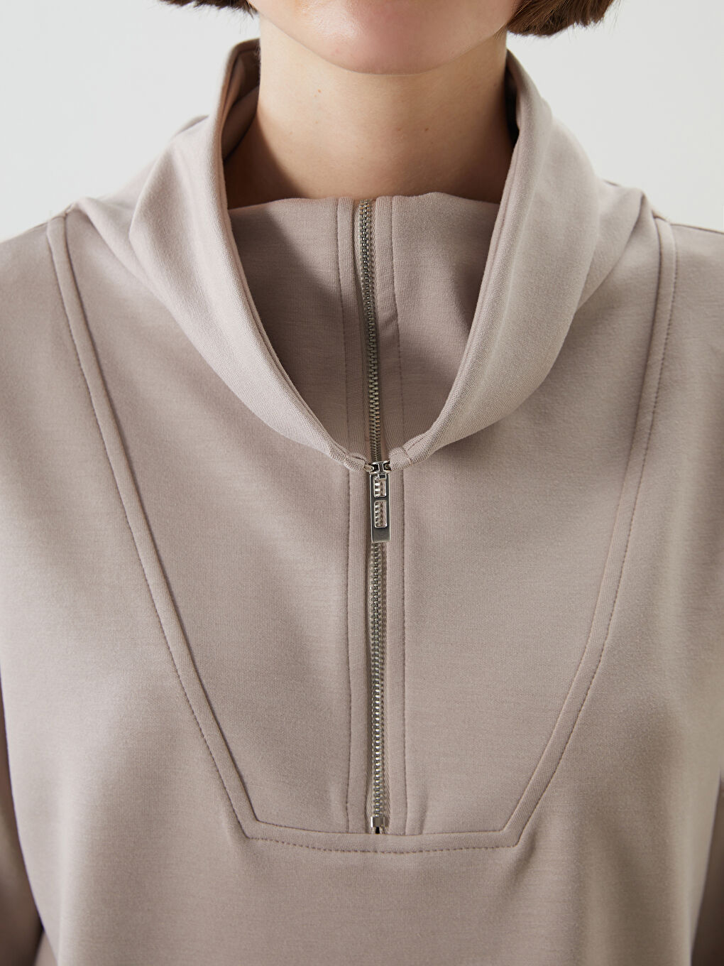 Gri Dik Yaka Oversize Kadın Sweatshirt Tunik-5