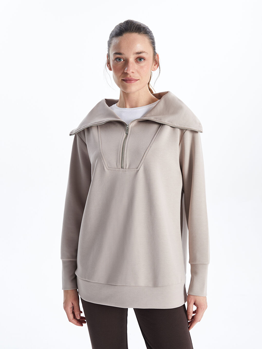 Gri Dik Yaka Oversize Kadın Sweatshirt Tunik