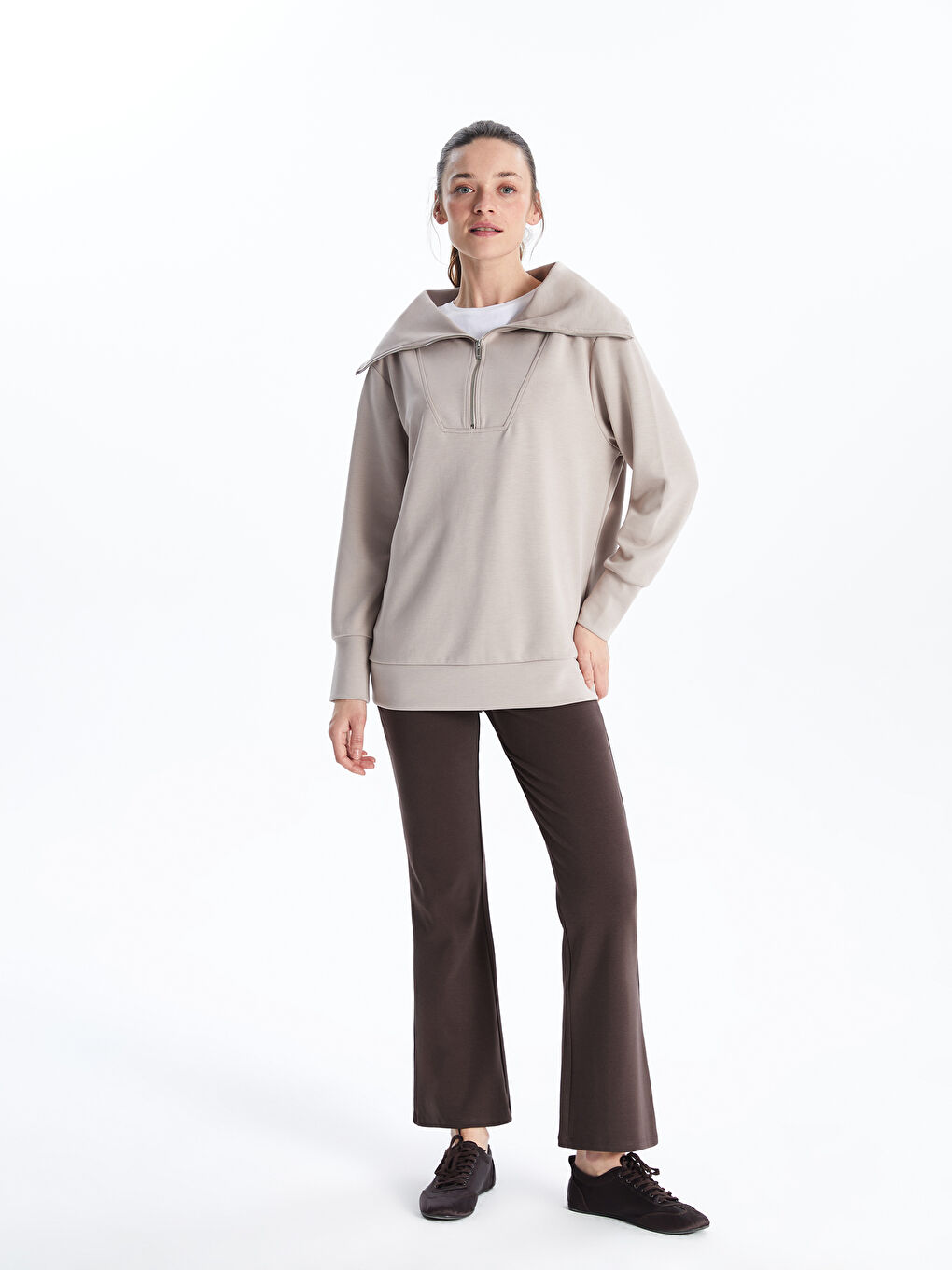 Gri Dik Yaka Oversize Kadın Sweatshirt Tunik-2