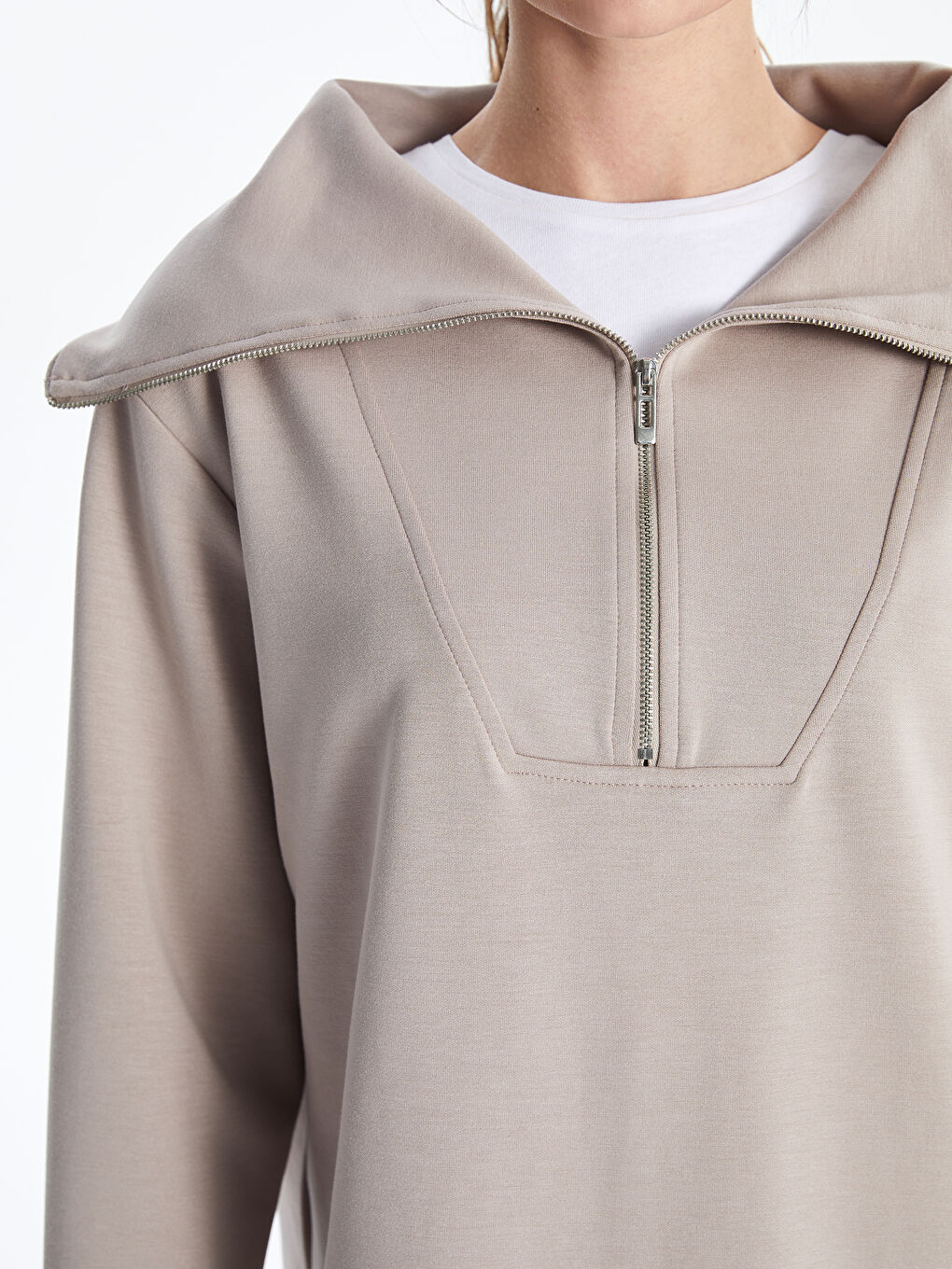 Gri Dik Yaka Oversize Kadın Sweatshirt Tunik-4