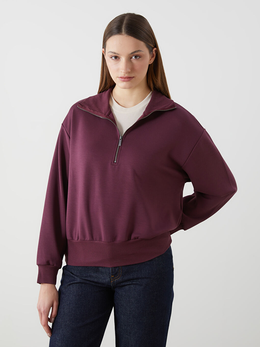 Mürdüm Dik Yaka Oversize Kadın Sweatshirt