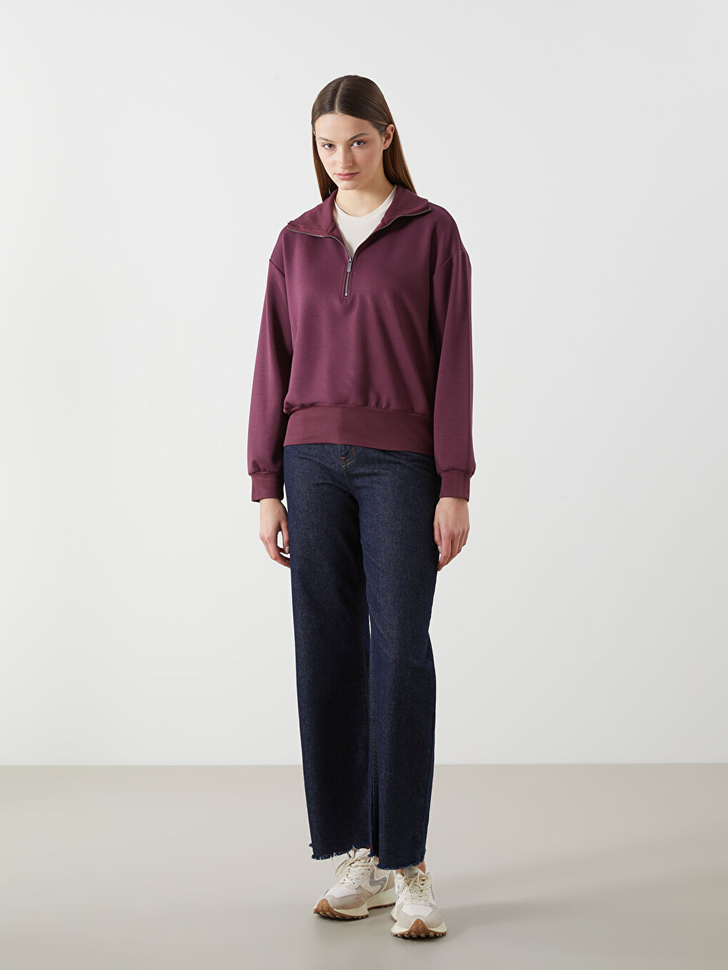 Mürdüm Dik Yaka Oversize Kadın Sweatshirt-1