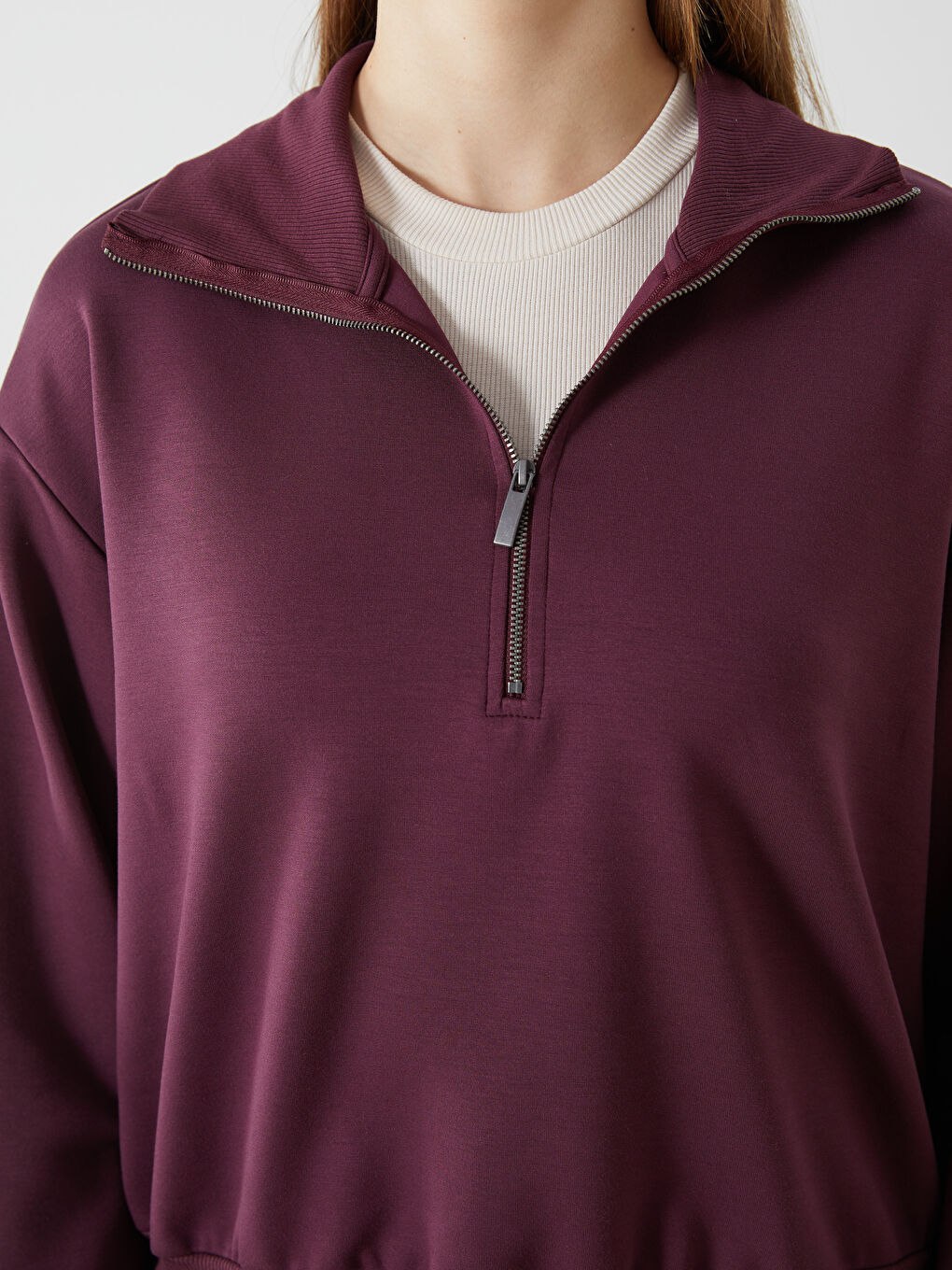 Mürdüm Dik Yaka Oversize Kadın Sweatshirt-2