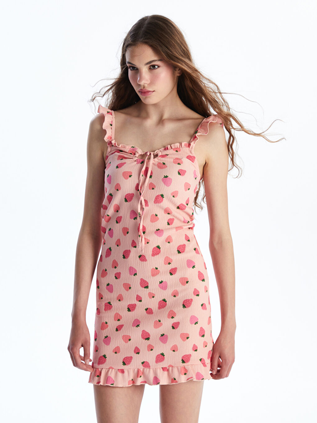 Tie Neck Strawberry Patterned Frilled Mini Dress