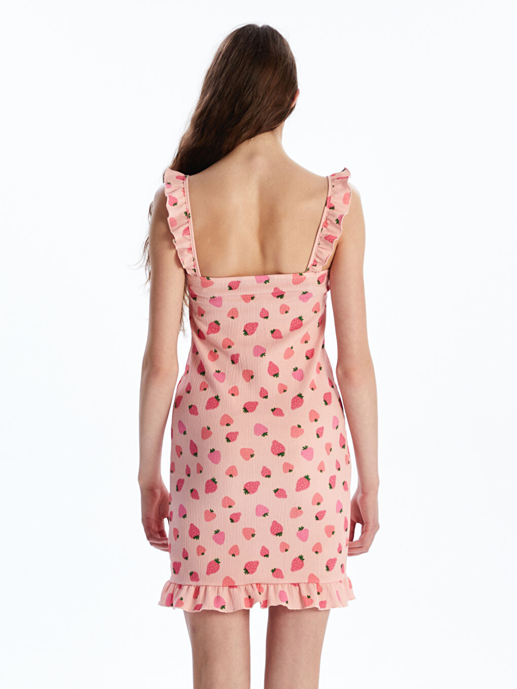 Tie Neck Strawberry Patterned Frilled Mini Dress-3