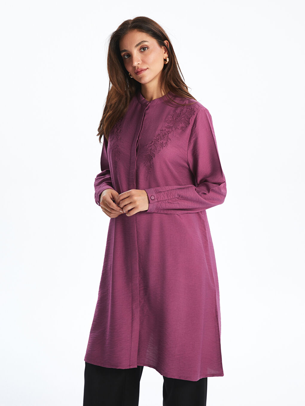 Grandad Collar Embroidered Women's Shirt Tunic