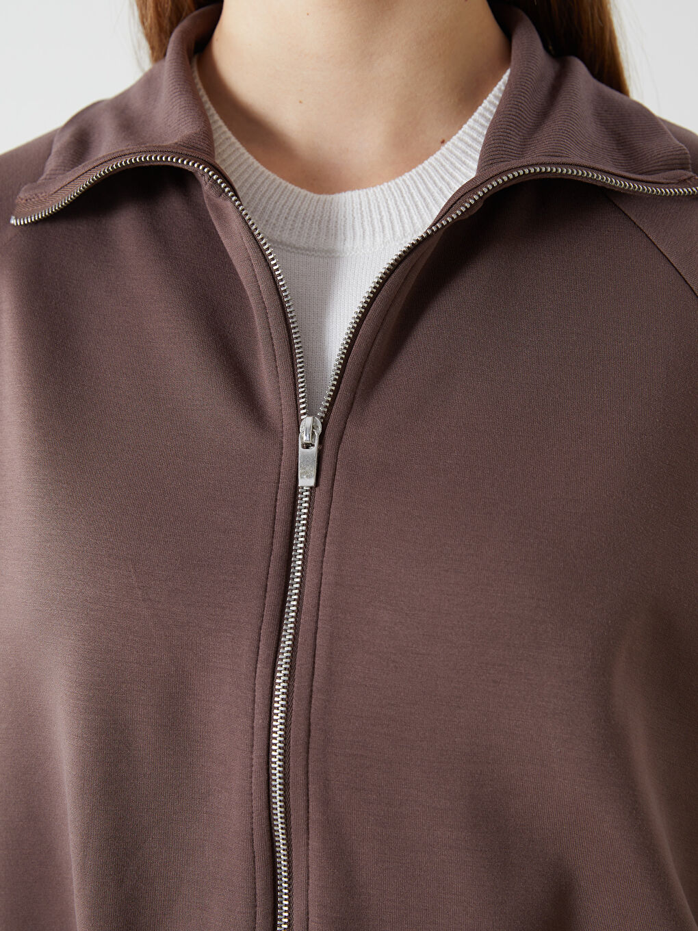 Kahverengi Dik Yaka Oversize Kadın Fermuarlı Sweatshirt-2
