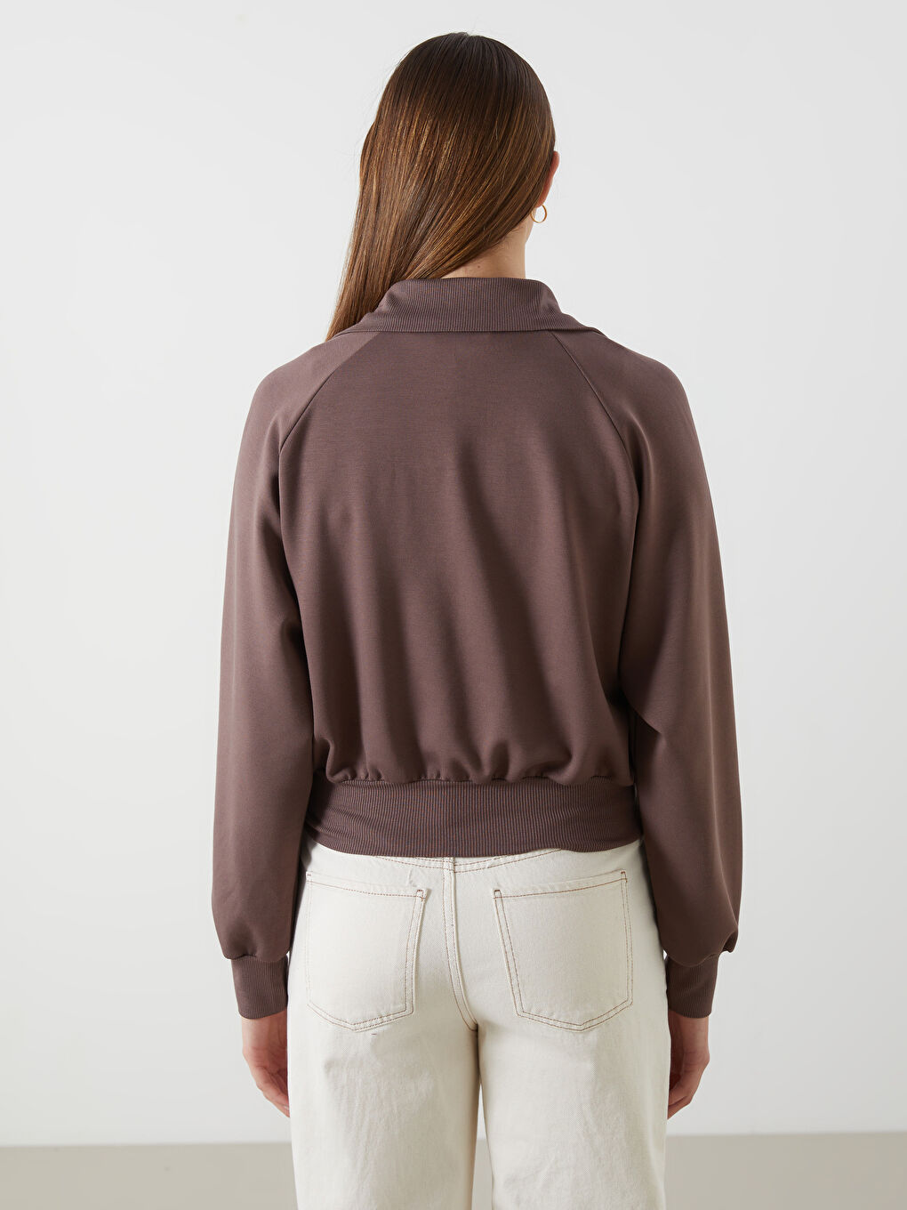 Kahverengi Dik Yaka Oversize Kadın Fermuarlı Sweatshirt-3