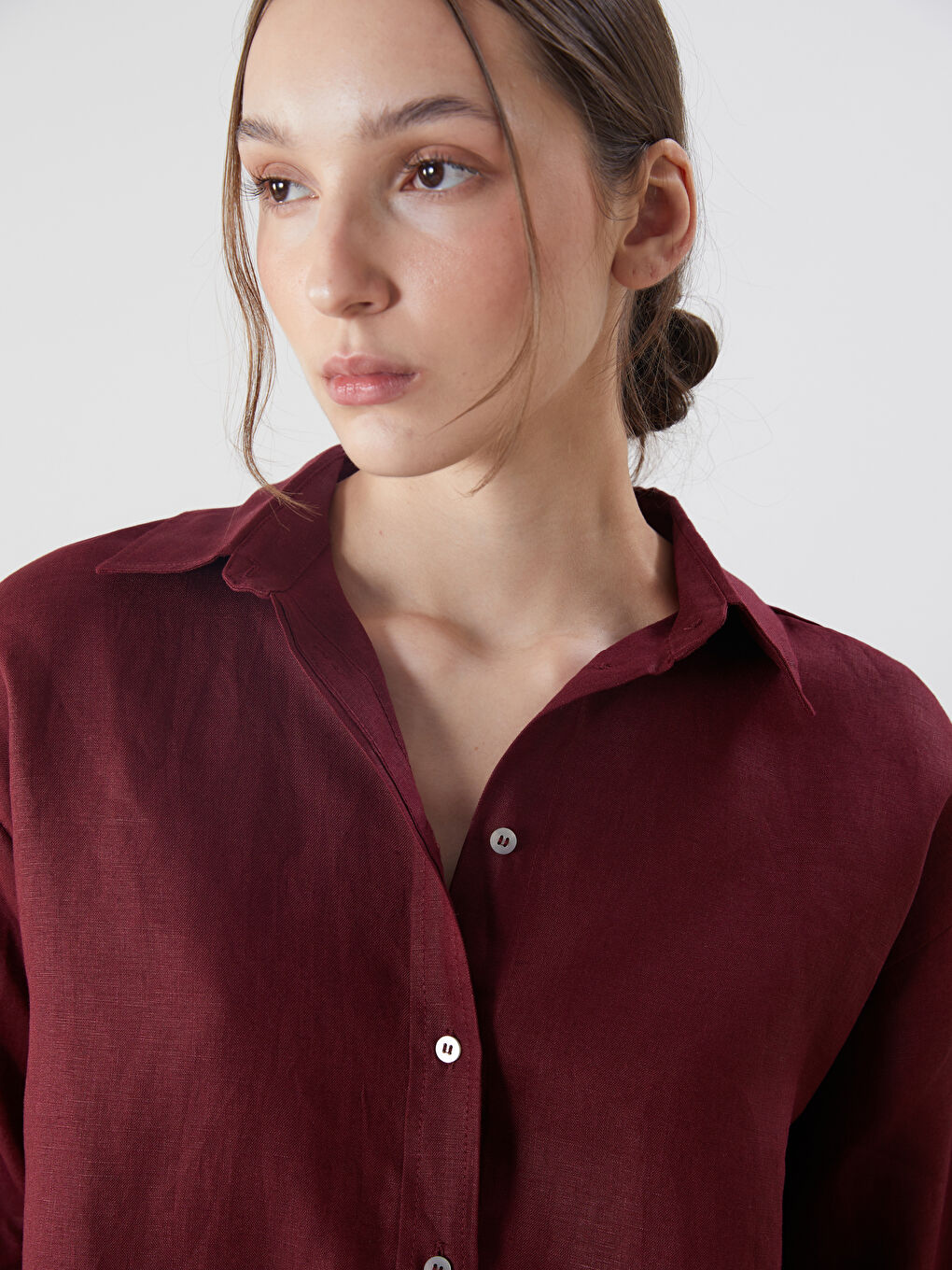 LCW Vision Bordo Oversize Keten Kadın Gömlek - 4